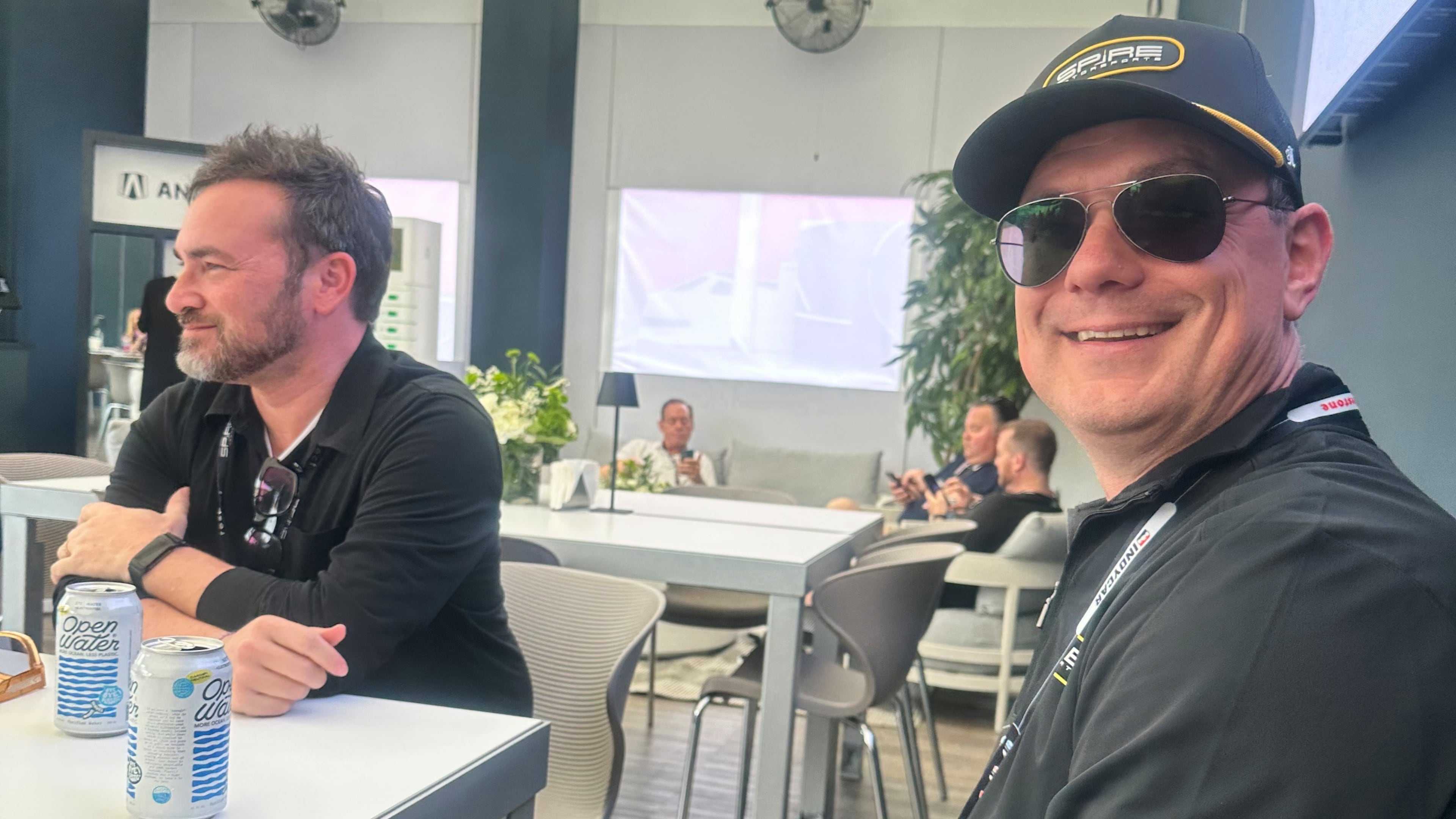 Former Joe Gibbs Racing competition director Chris Gabehart, right, and Spire co-owner Jeff Dickerson are pictured Saturday Feb. 28, 2026, at the IndyCar race in St. Petersburg, Fla. (AP Photo/Jenna Fryer)