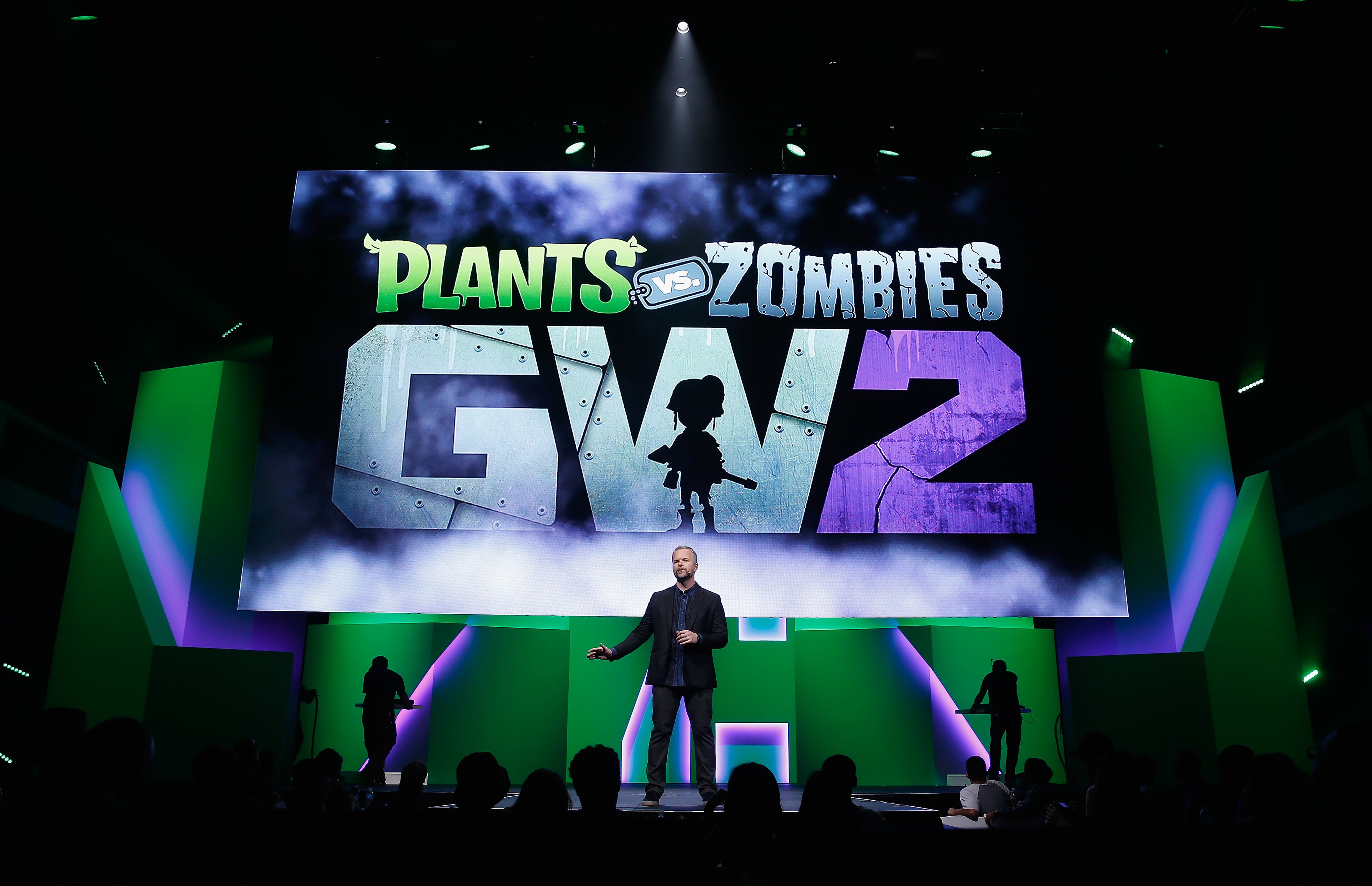LOS ANGELES, CA - JUNE 15: Senior Creative Director of "Plants vs. Zombies Garden Warfare 2" Jeremy Vanhoozer speaks during the Electronic Arts E3 press conference at the LA Sports Arena on June 15, 2015 in Los Angeles, California. The EA press conference is held in conjunction with the annual Electronic Entertainment Expo (E3) which focuses on gaming systems and interactive entertainment, featuring introductions to new products and technologies. (Photo by Christian Petersen/Getty Images)