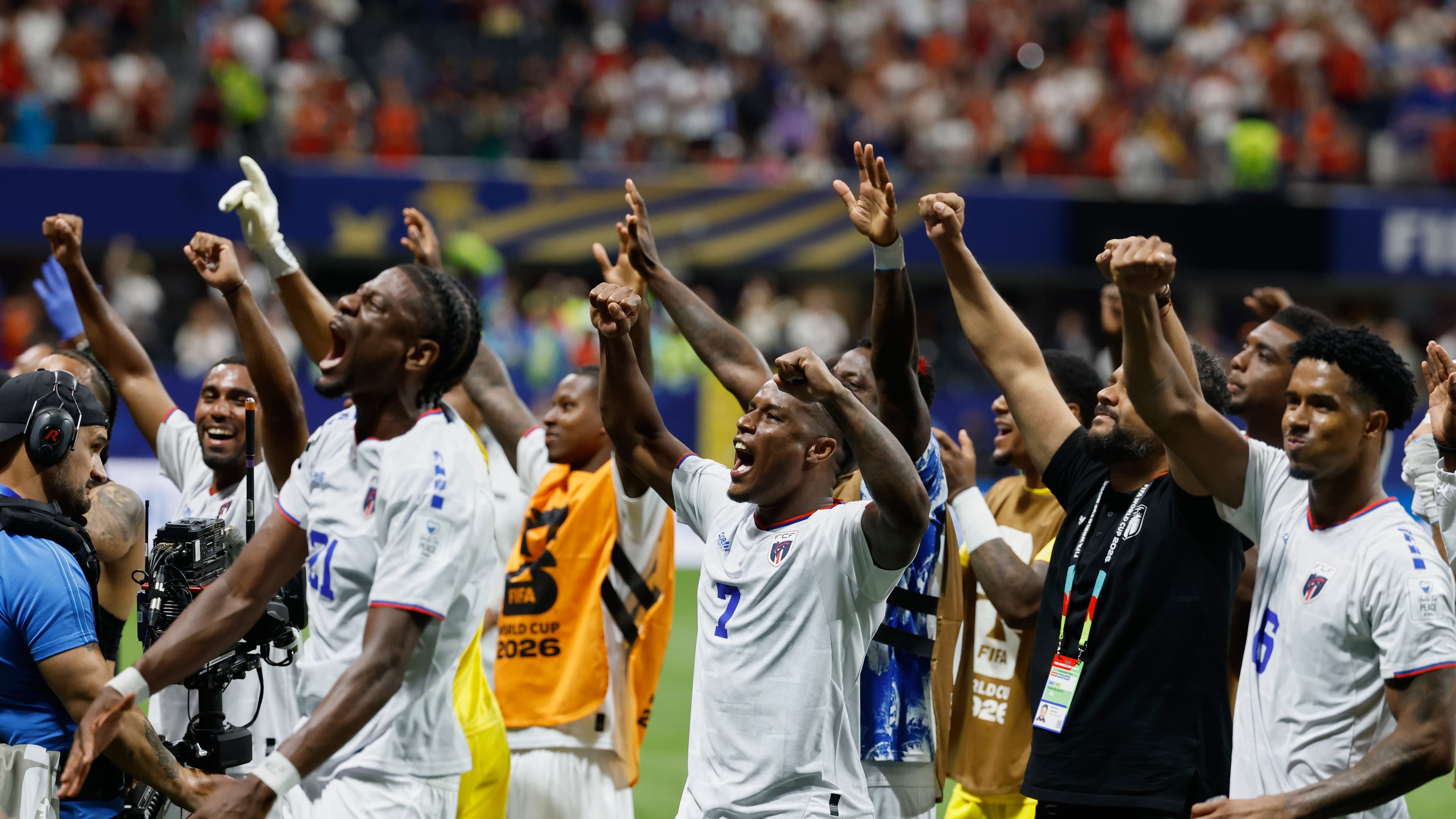 Cape Verde players celebrate after the World Cup Group H soccer match between Spain and Cape Verde in Atlanta, Monday, June 15, 2026. (AP Photo/Erik S. Lesser)