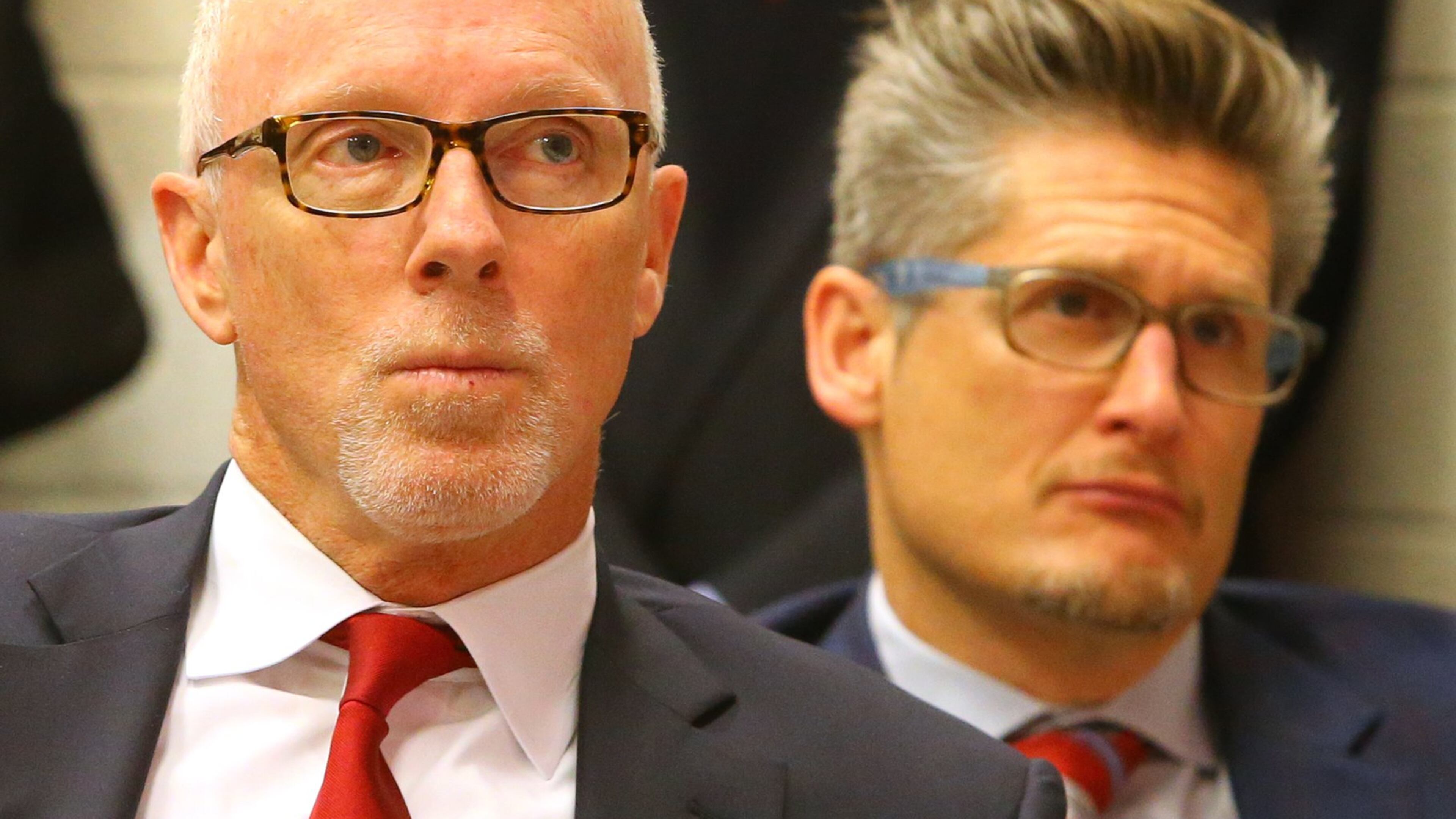 020315 FLOWERY BRANCH: Falcons President & CEO Rich McKay and General Manager Thomas Dimitroff look on from the front row as Dan Quinn is introduced as Falcons coach during a news conference on Tuesday, Feb 3, 2015, in Flowery Branch. Curtis Compton / ccompton@ajc.com
