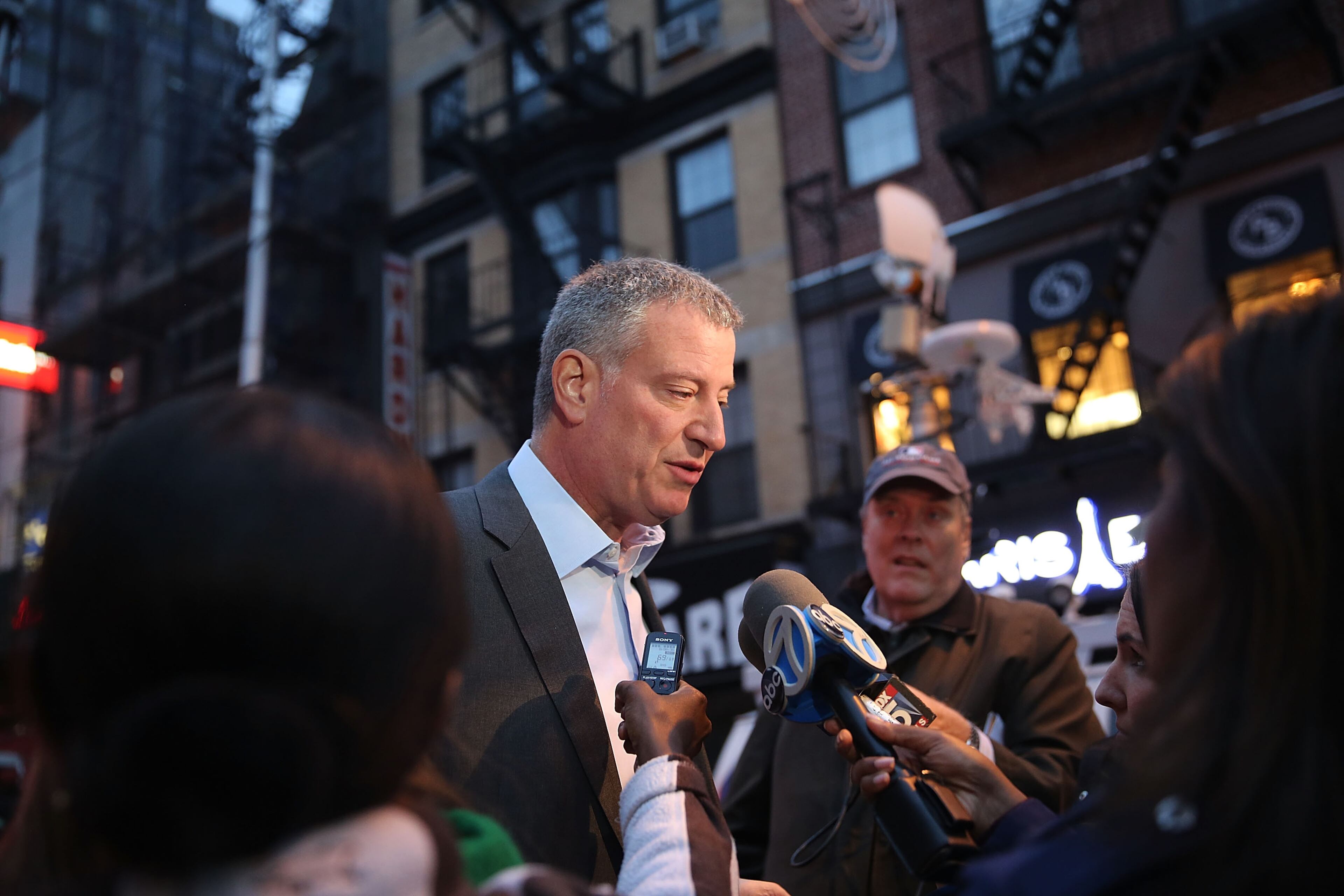 NEW YORK, NY - NOVEMBER 10: New York City Mayor Bill de Blasio makes an appearance in support of low wage workers, many in the fast-food industry, as they join with supporters to demand a minimum wage of $15 an hour on November 10, 2015 in New York, United States. In what organizers are calling a National Day of Action for $15 and hour minimum wage, thousands of people took to the streets across the country to stage protests in front of businesses that are paying some of their workers the minimum wage. Home care workers, employees in retail and fast food restaurants say that the current minimum is not a living wage. (Photo by Spencer Platt/Getty Images)