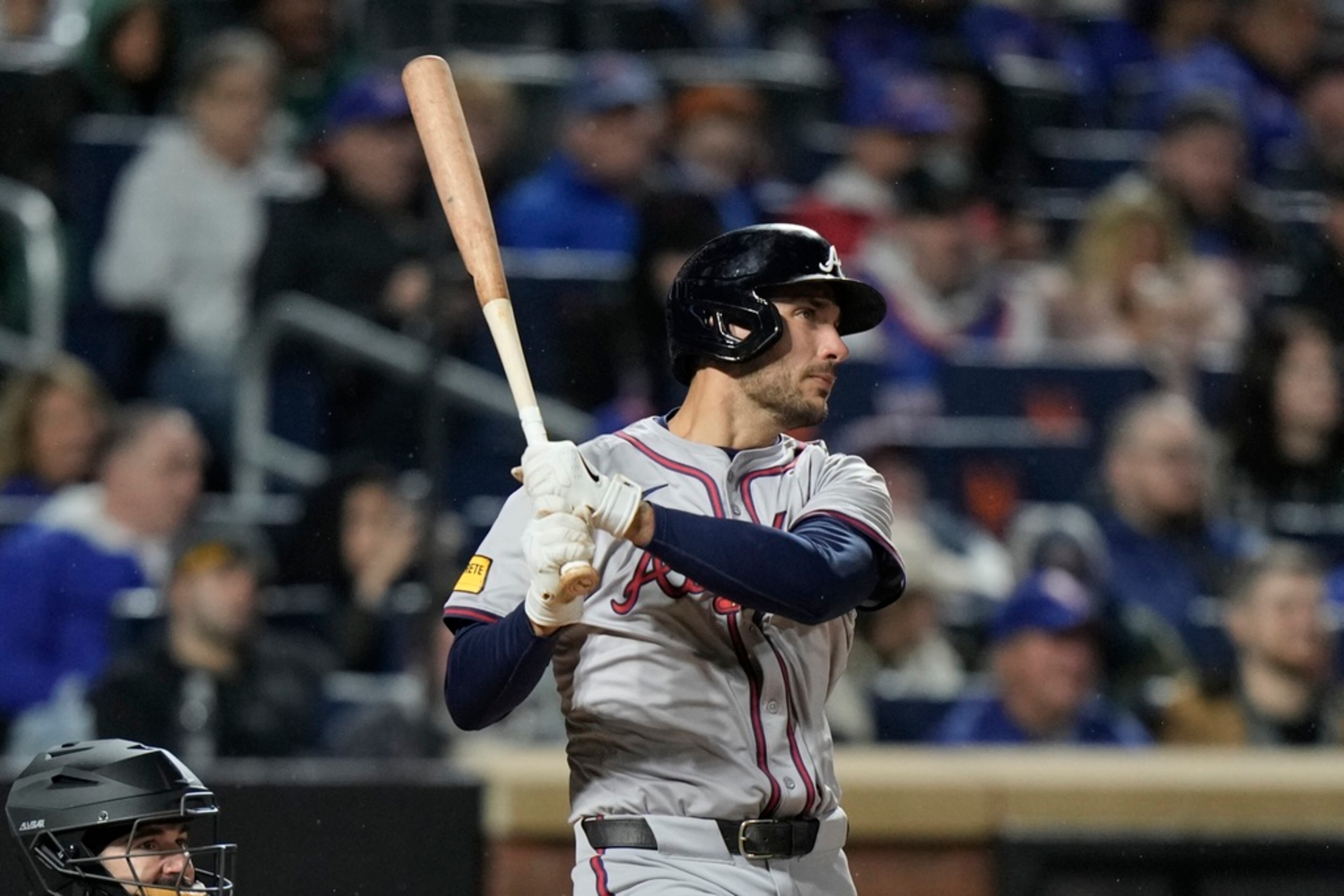 Atlanta Braves' Matt Olson follows through on a two-run home run against the New York Mets during the third inning of a baseball game Friday, May 10, 2024, in New York. (AP Photo/Frank Franklin II)