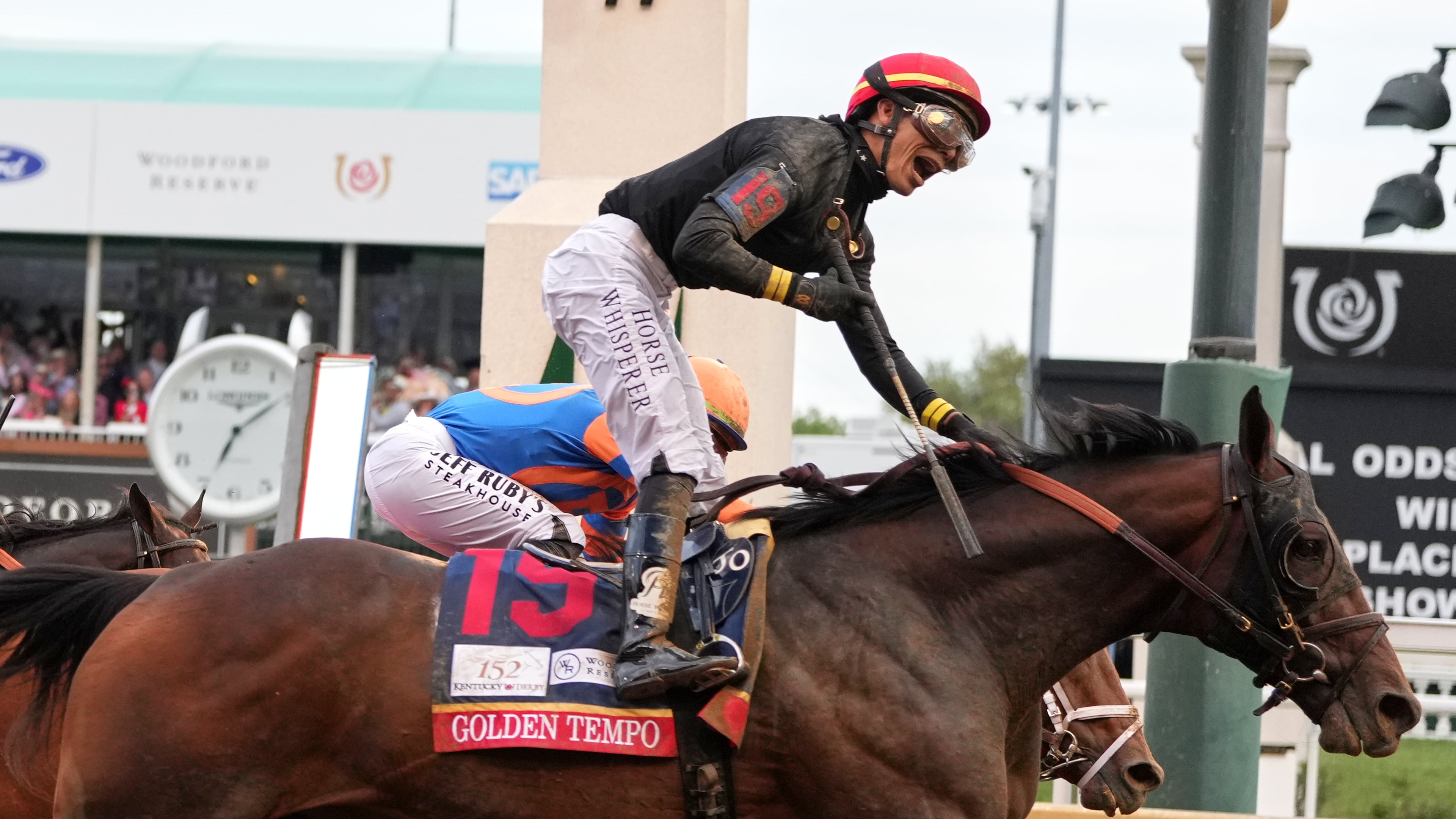Golden Tempo (19) ridden by Jose L. Ortiz wins the 152nd running of the Kentucky Derby horse race at Churchill Downs, Saturday, May 2, 2026, in Louisville, Ky. (AP Photo/Jeff Roberson)