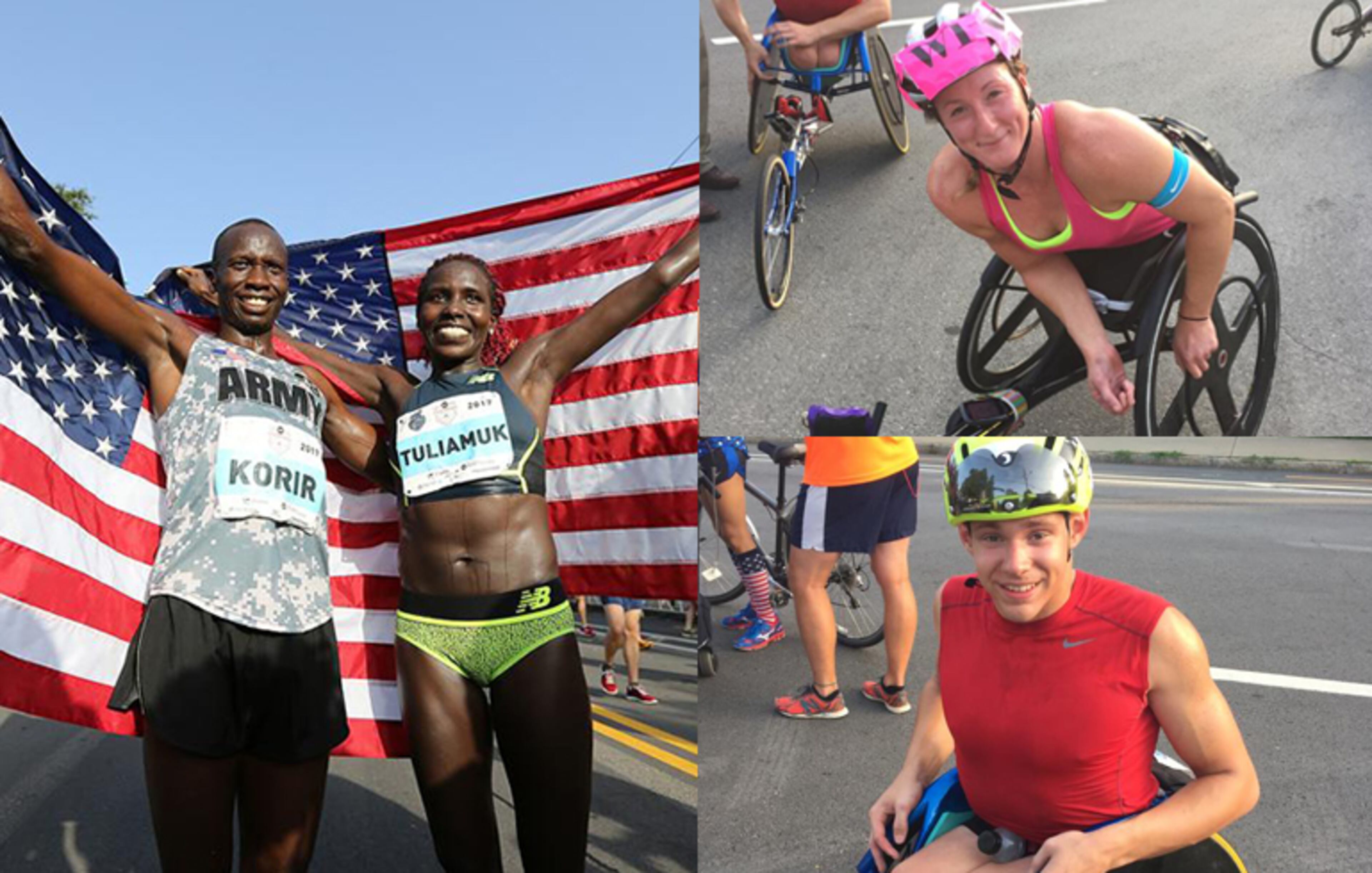 Leonard Korir and Aliphine Tuliamuk, on left, won the men's and women's divisions at the 2017 AJC Peachtree Road Race. Tatyana McFadden, top right, won the women's wheelchair division. Daniel Romanchuk, bottom left, won the men's wheelchair division.