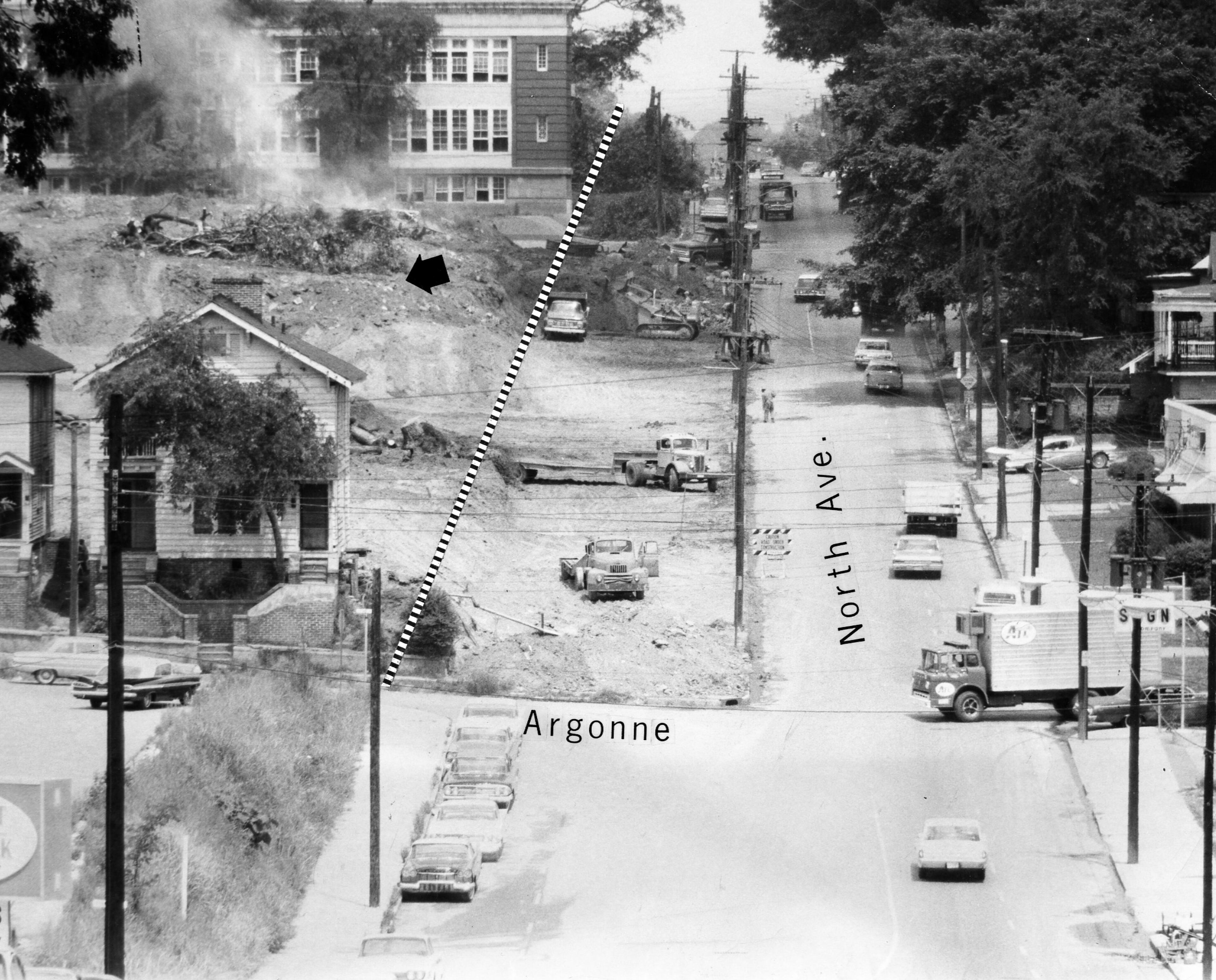 Photo/Graphic: Earthmoving work underway for widening North Avenue, eastward from Argonne. To be six lanes to match widened section in foreground. Upper left is North Avenue School. Arrow shows clearing and excavation for new $2.5 million Presbyterian Center. 1965