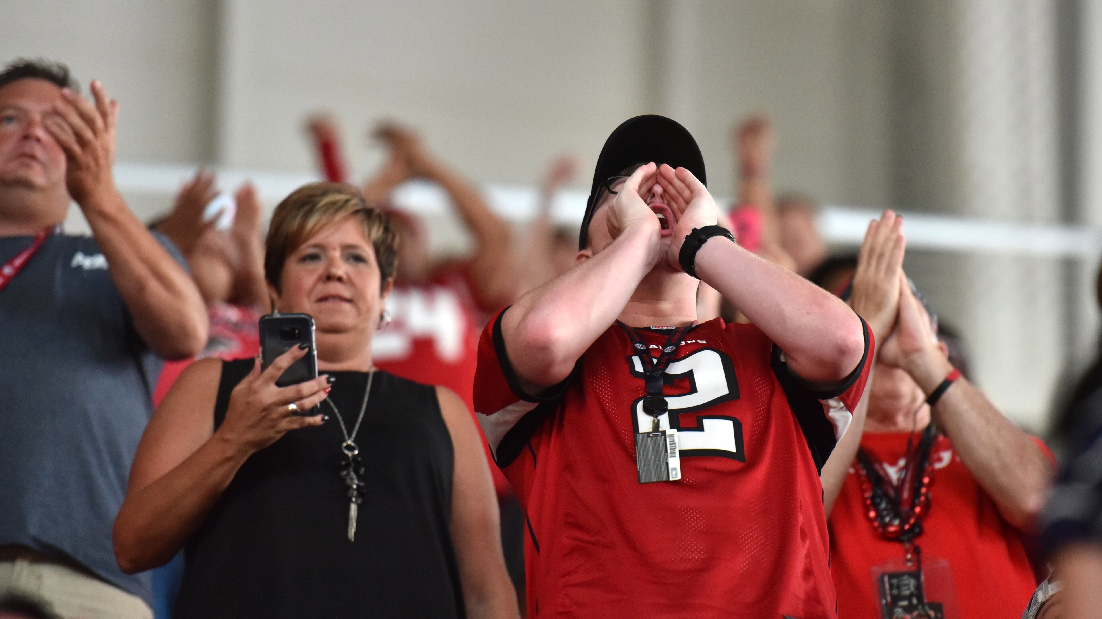 August 26, 2017 Atlanta - Atlanta Falcons fans cheer before an exhibition game against the Arizona Cardinals at the new Mercedes-Benz Stadium on Saturday, August 26, 2017. HYOSUB SHIN / HSHIN@AJC.COM