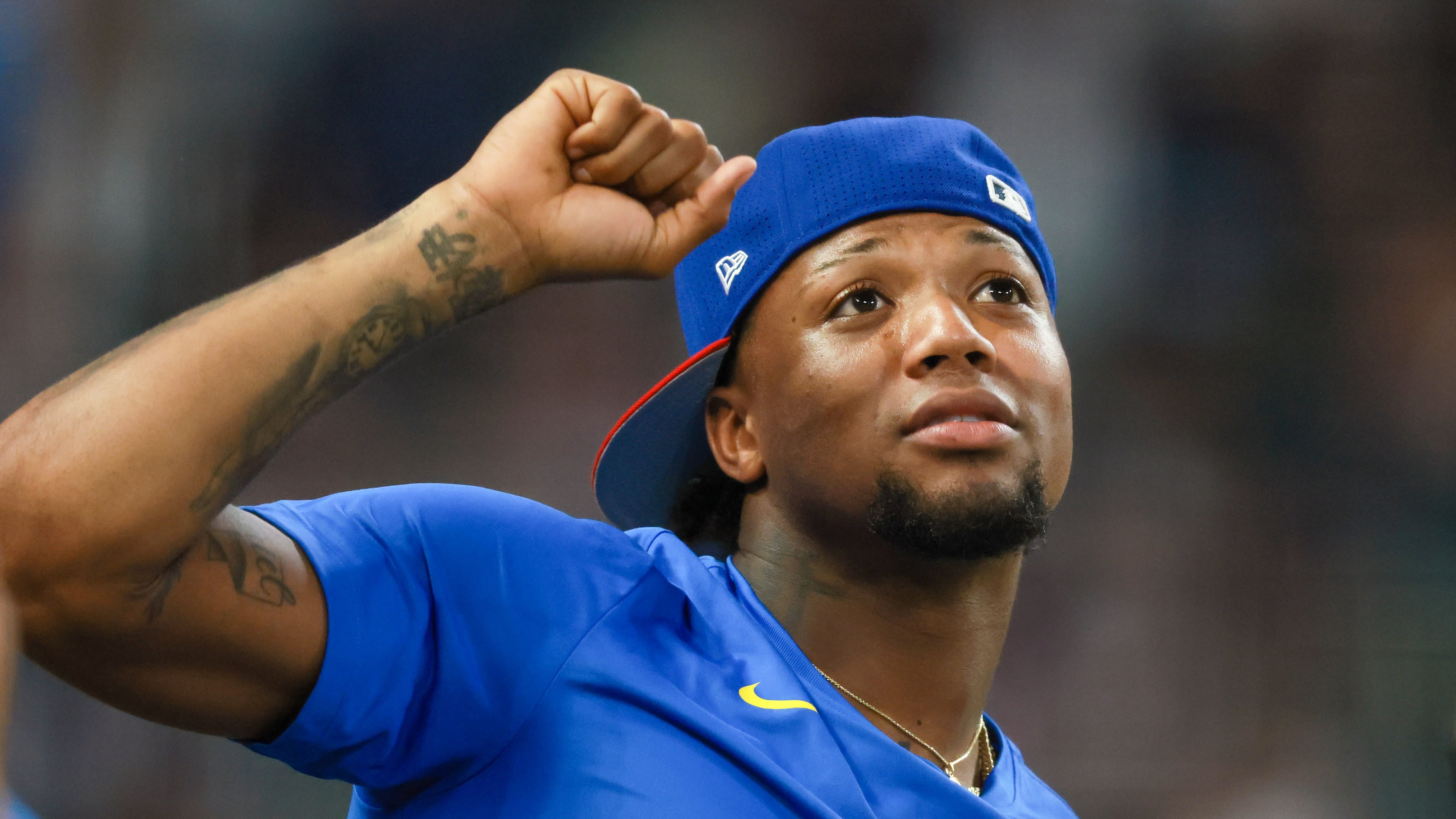 Atlanta Braves' Ronald Acuna Jr. cheers on teammate Matt Olson during the MLB Home Run Derby as part of the All-Star Game festivities on Monday, July 14, 2025, at Truist Park in Atlanta. (Jason Getz/AJC)