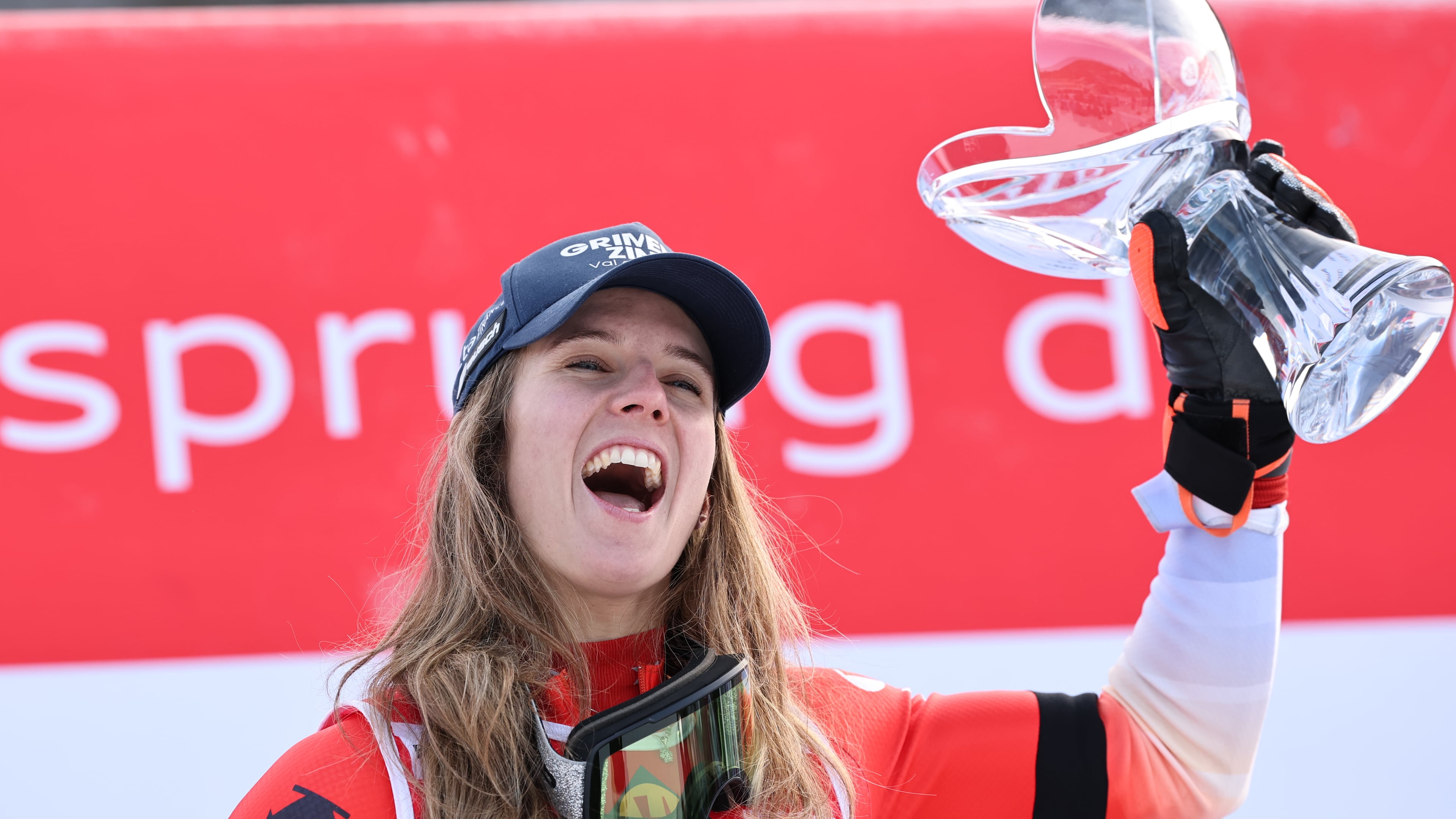 Switzerland's Camille Rast celebrates after winning an alpine ski, women's World Cup slalom, in Kranjska Gora, Slovenia, Sunday, Jan. 4, 2026. (AP Photo/Marco Trovati)