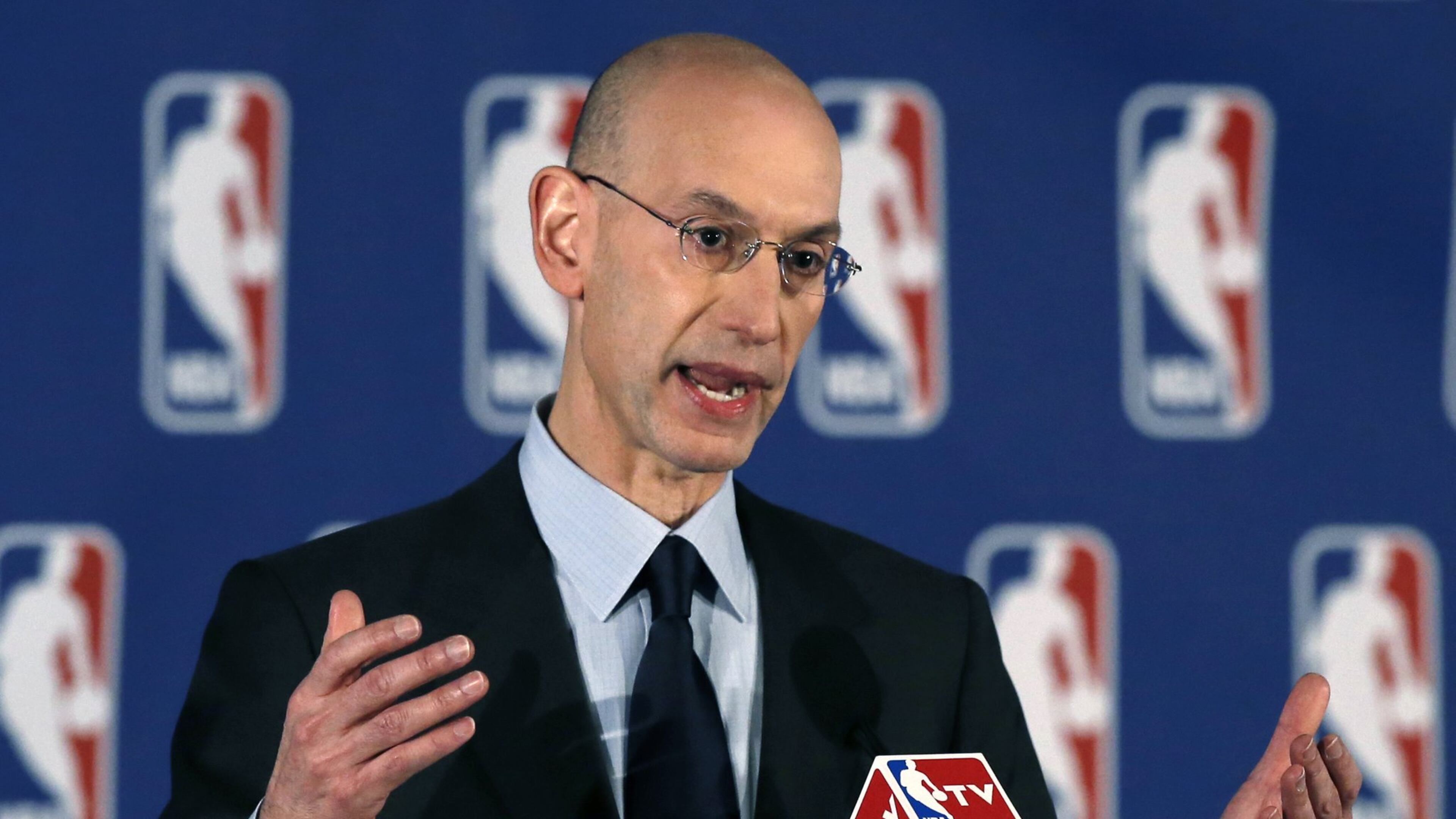 NBA Commissioner Adam Silver addresses a news conference in New York on Tuesday, April 29, 2014. Silver announced that Los Angeles Clippers owner Donald Sterling has been banned for life by the league in response to racist comments the league said he made in a recorded conversation. (AP Photo/Kathy Willens)