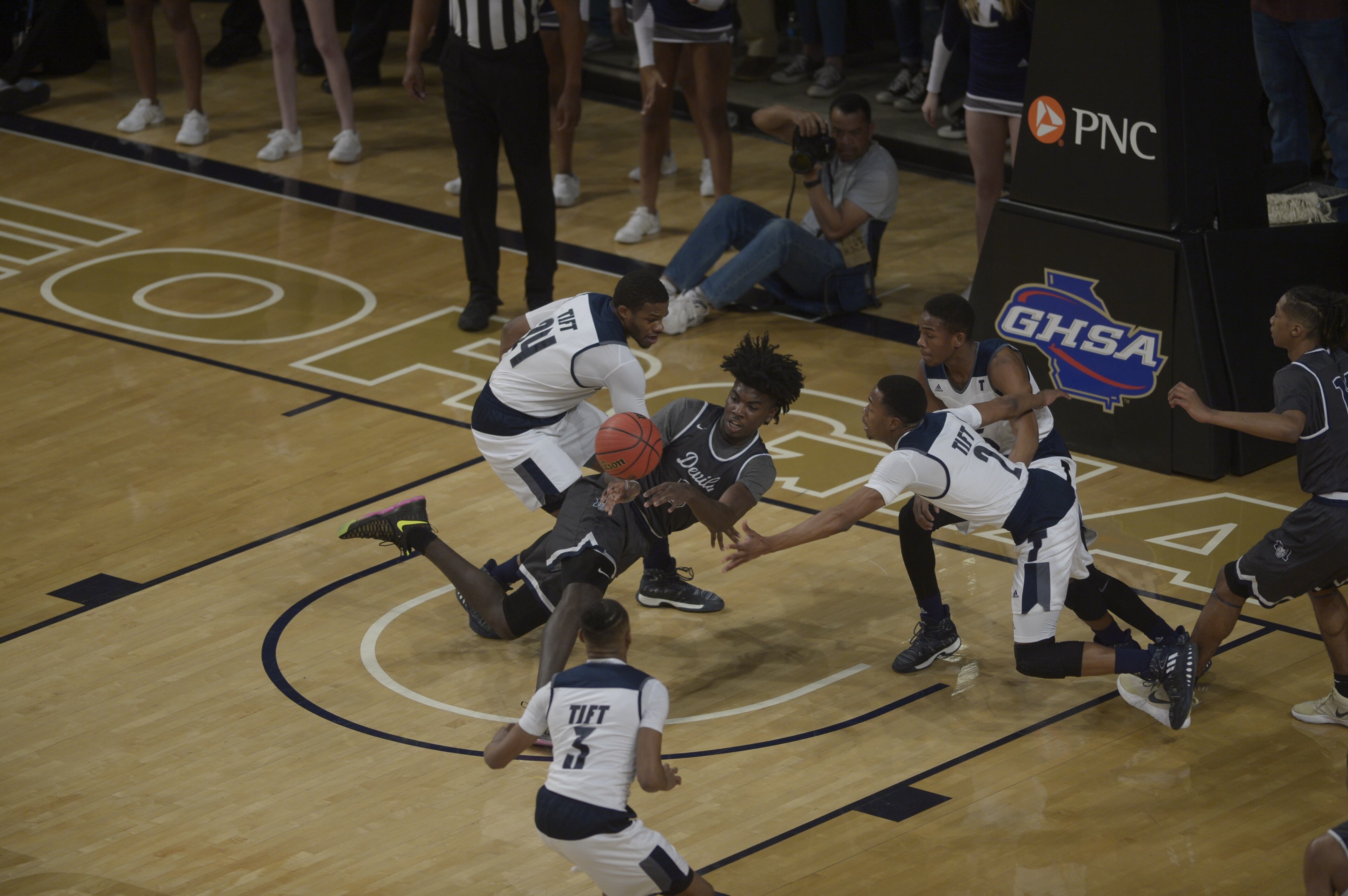 Atlanta, Ga. -- Tift County sophomore Tyree Marshall (0) struggles to keep possession of ball in the first half of their Class AAAAAAA state championship game at Georgia Tech's McCamish Pavillion Friday, March 10, 2017. SPECIAL/Daniel Varnado