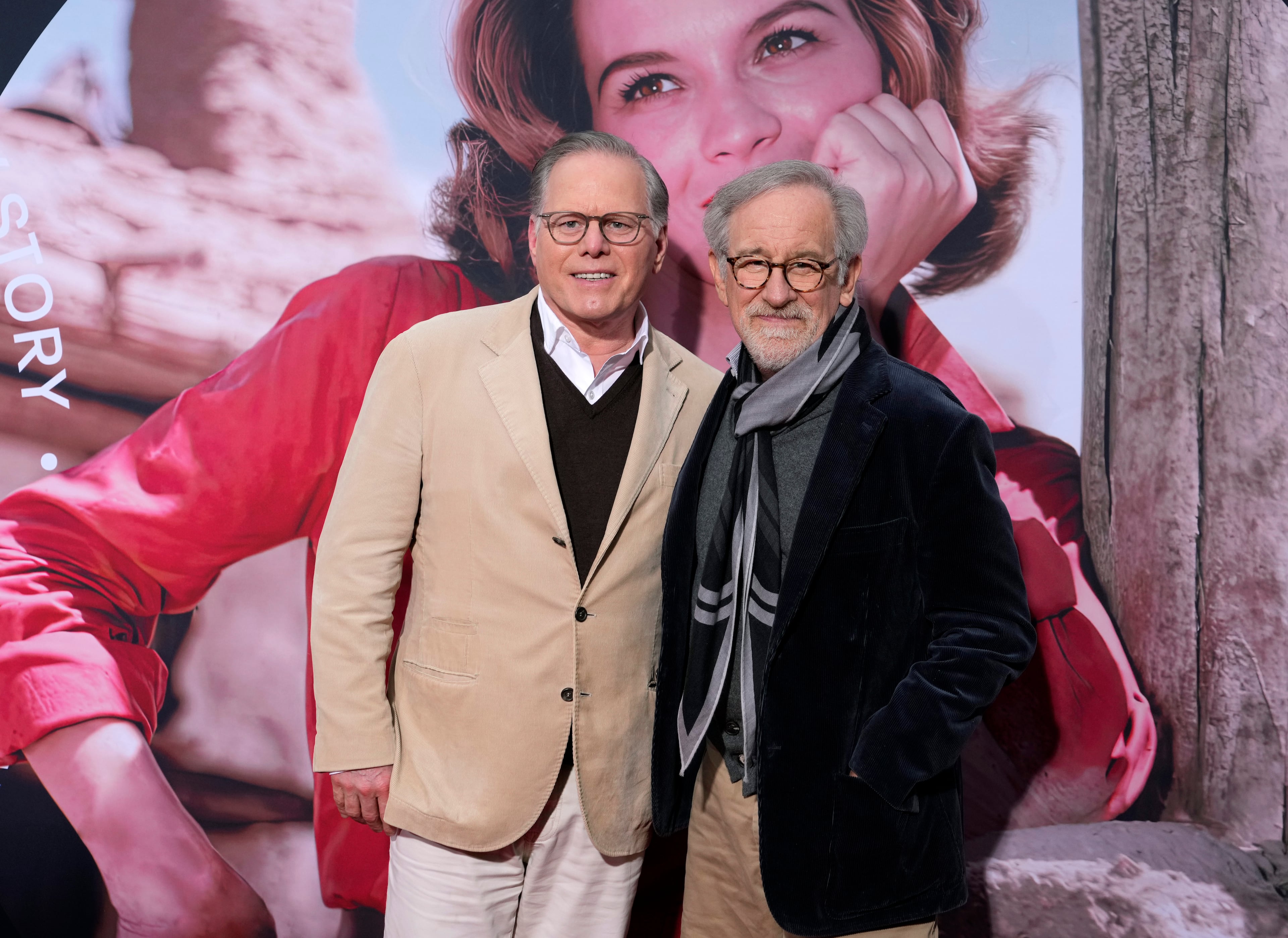 David Zaslav (left), president and CEO of Warner Bros. Discovery, and director Steven Spielberg attend the premiere of a 4K restoration of the 1959 film "Rio Bravo" on the opening night of the 2023 TCM Classic Film Festival at the TCL Chinese Theatre in Los Angeles. (Chris Pizzello/AP 2023)