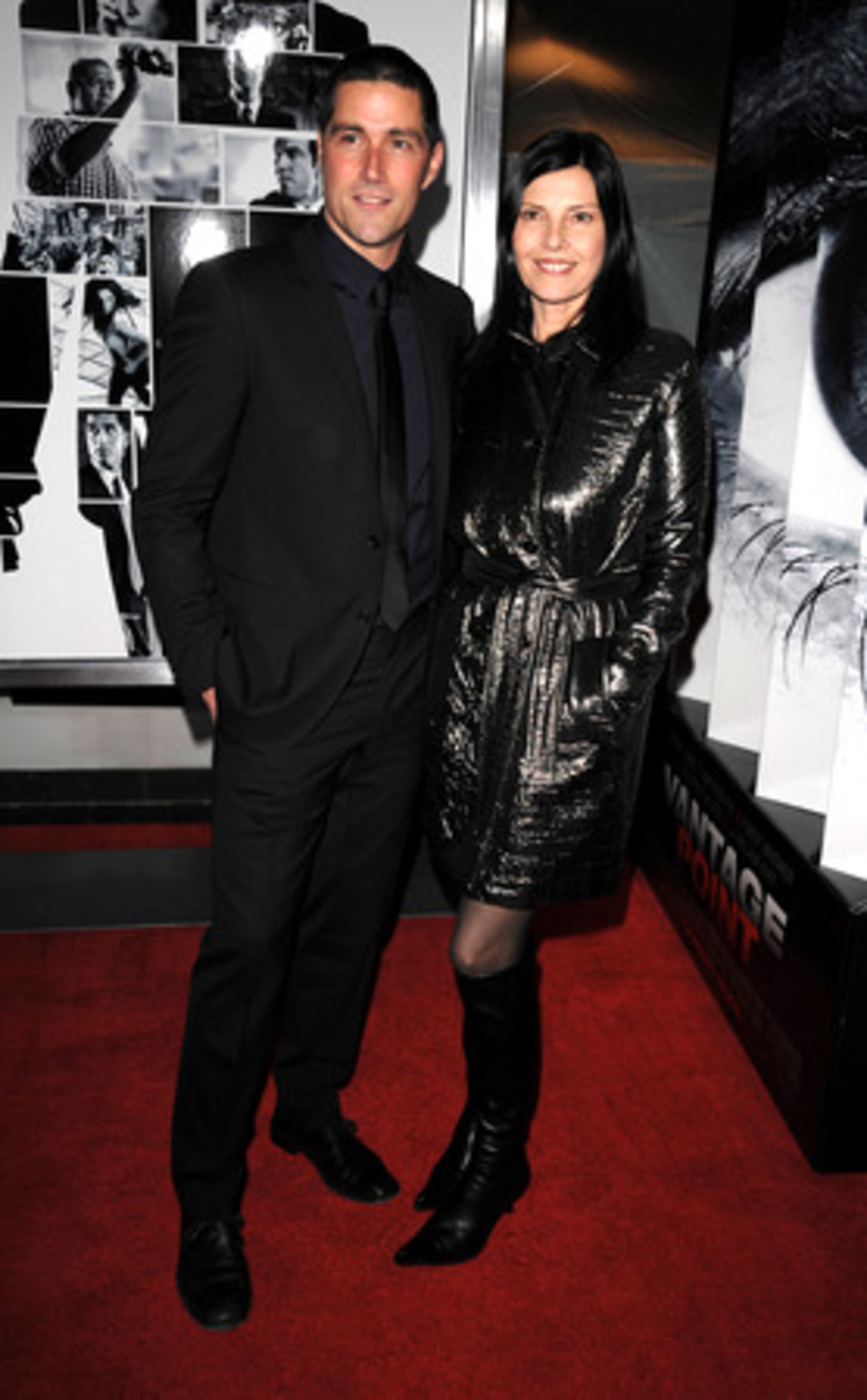 Matthew Fox (with wife Margherita Ronchi) is another Secret Service agent who has big trouble when the on-screen president is shot in Spain.