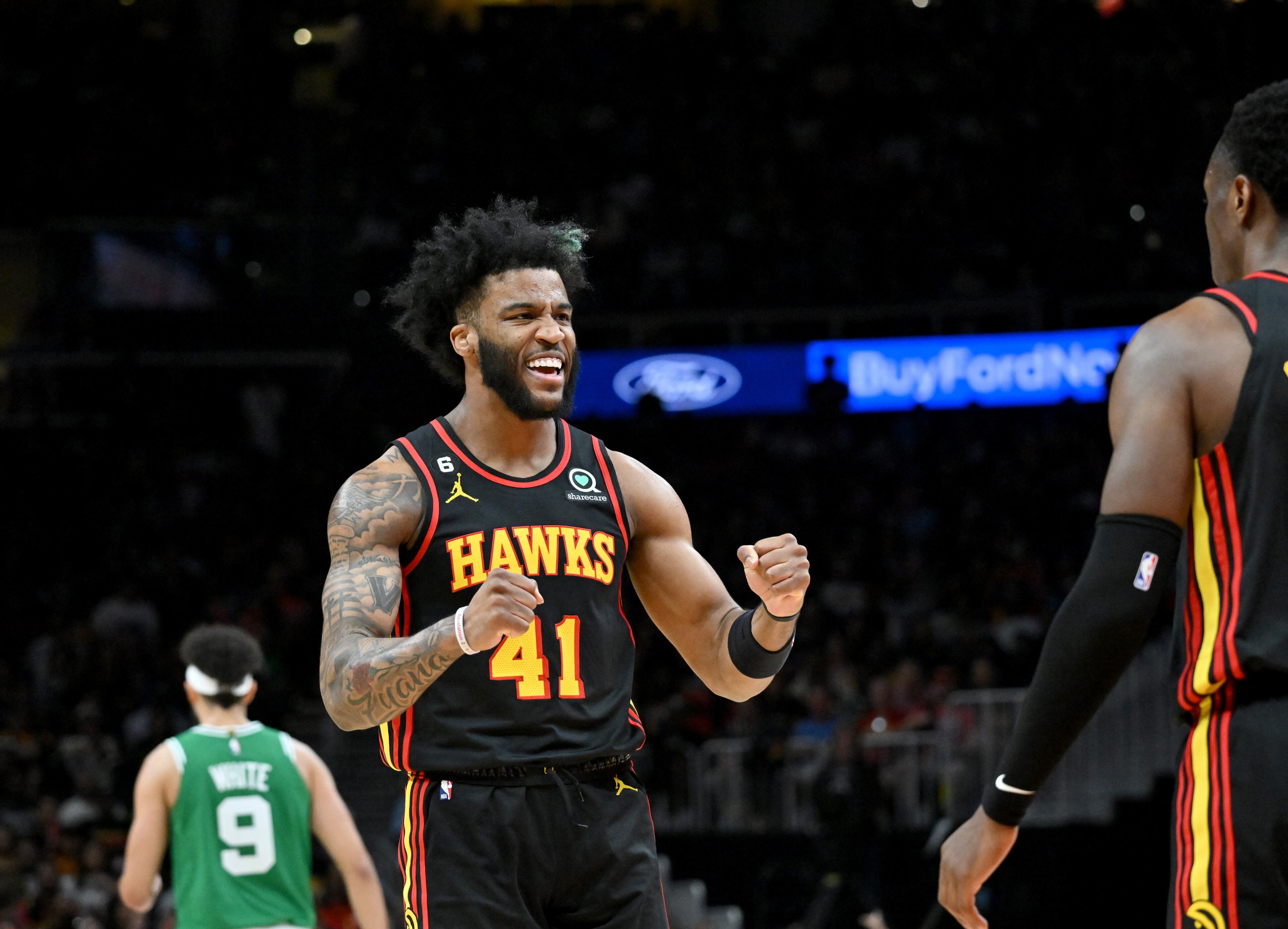 Atlanta Hawks' forward Saddiq Bey (41) reacts during the second half in Game 3. (Hyosub Shin / Hyosub.Shin@ajc.com)