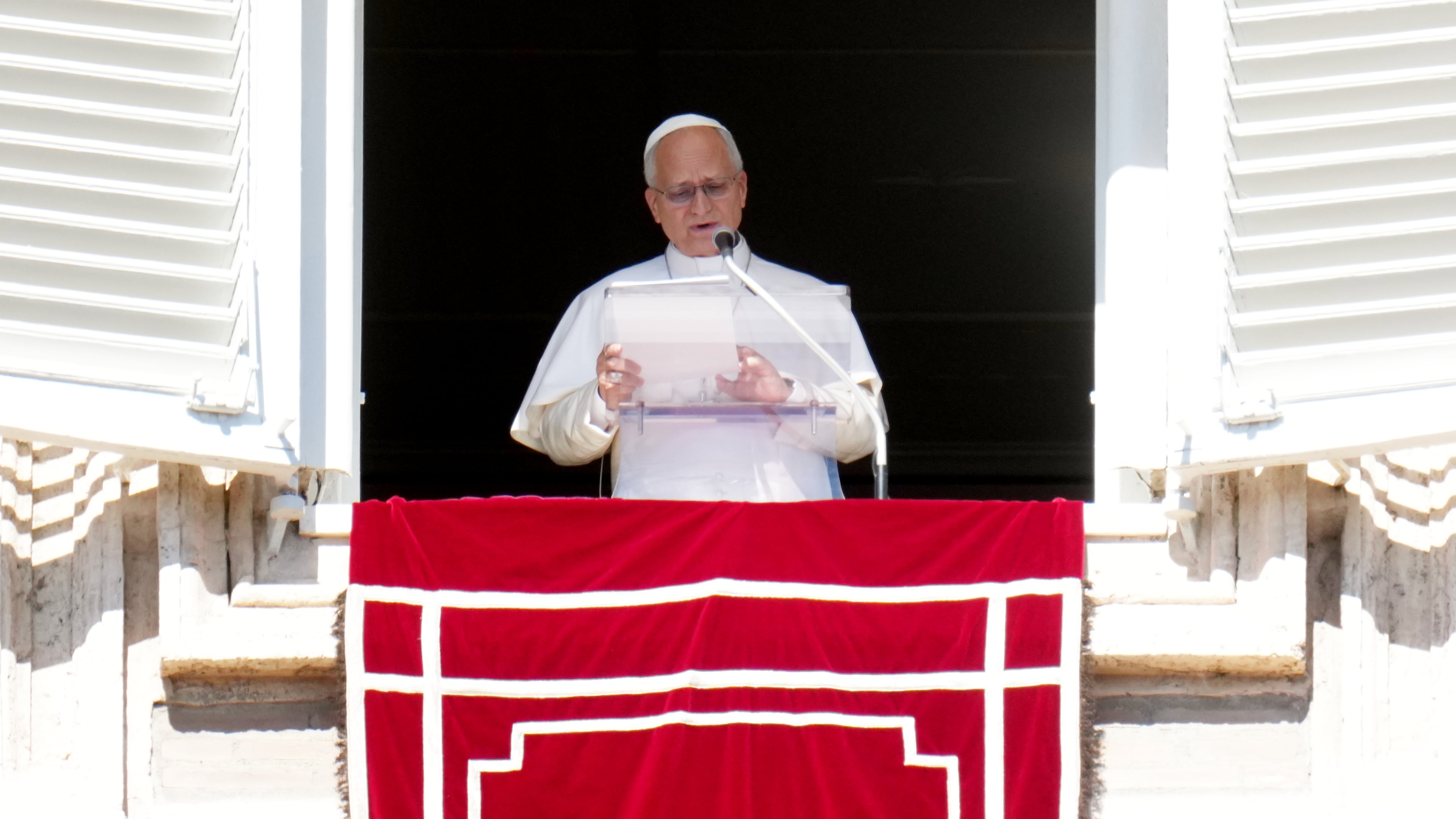 Pope Leo XIV delivers the Angelus prayer in St. Peter's Square at the Vatican, Sunday, Oct. 11, 2026. (AP Photo/Gregorio Borgia)