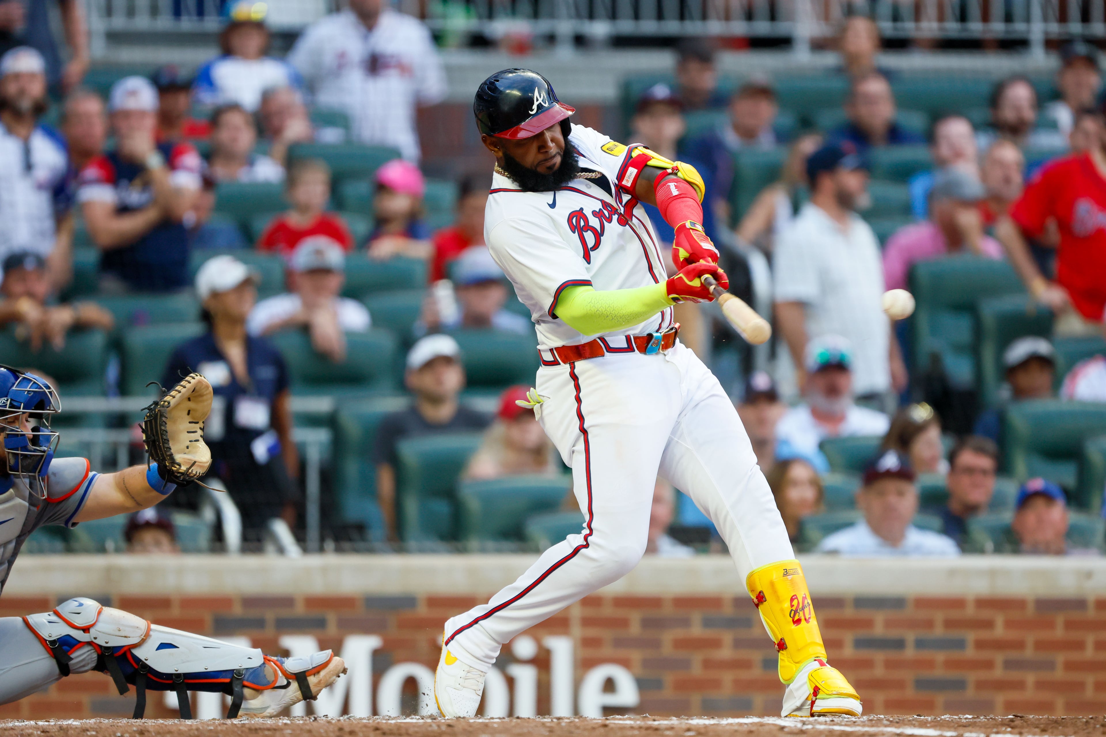 Atlanta Braves designated hitter Marcell Ozuna (20) hits a two-run single during the seventh inning against the New York Mets at Truist Park on Monday, Sept. 30, 2024, in Atlanta.
(Miguel Martinez/ AJC)