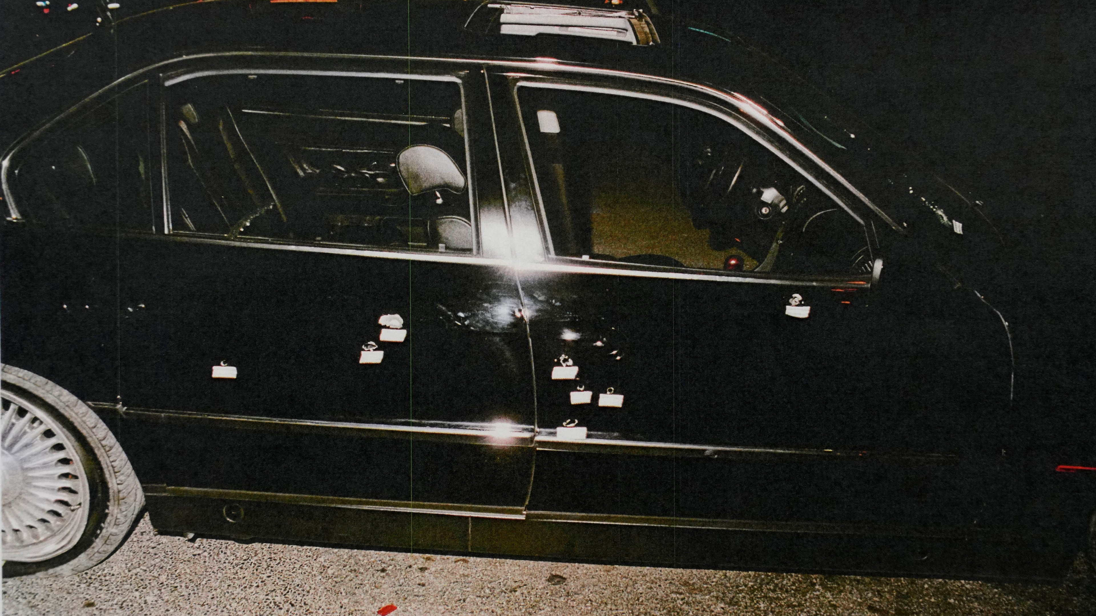 FILE - This undated photo provided by the Las Vegas Metropolitan Police Department shows the bullet-riddled car in which rapper Tupac Shakur was fatally shot in September 1996, in Las Vegas. (Las Vegas Metropolitan Police Department via AP, File)