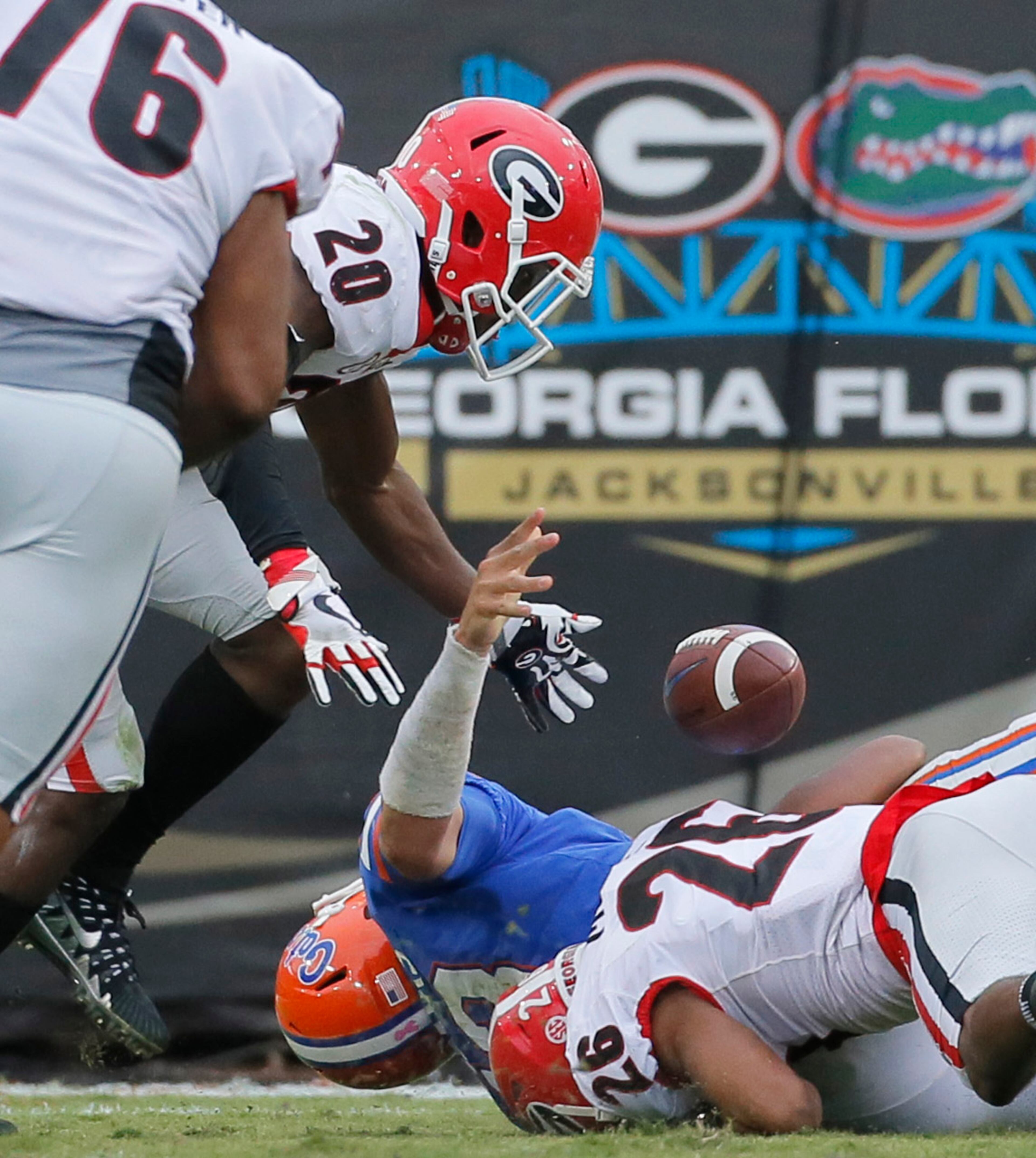10/28/17 - Jacksonville, FL - Georgia Bulldogs defensive back J.R. Reed (20) scored when he got the ball on a sack and fumble by Florida's quarterback. NCAA football game between Georgia and Florida at EverBank Field in Jacksonville. Georgia defeated Florida 42-7. BOB ANDRES /BANDRES@AJC.COM BOB ANDRES /BANDRES@AJC.COM