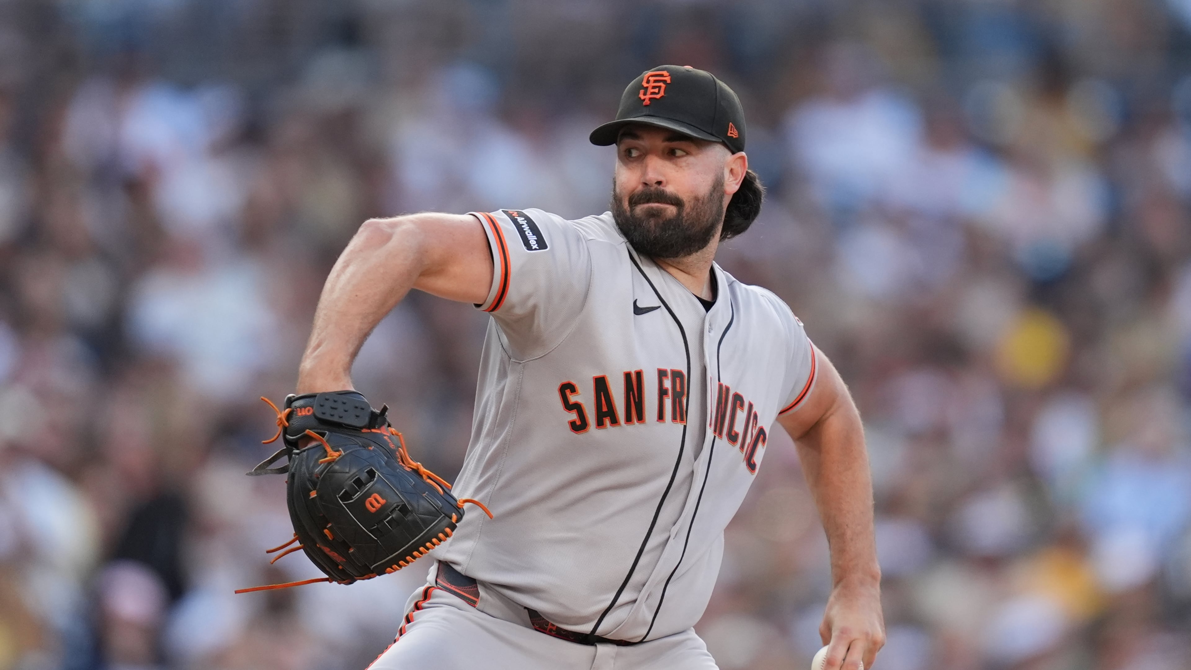 San Francisco Giants starting pitcher Robbie Ray works against a San Diego Padres batter during the first inning of a baseball game Thursday, July 30, 2026, in San Diego. (AP Photo/Gregory Bull)