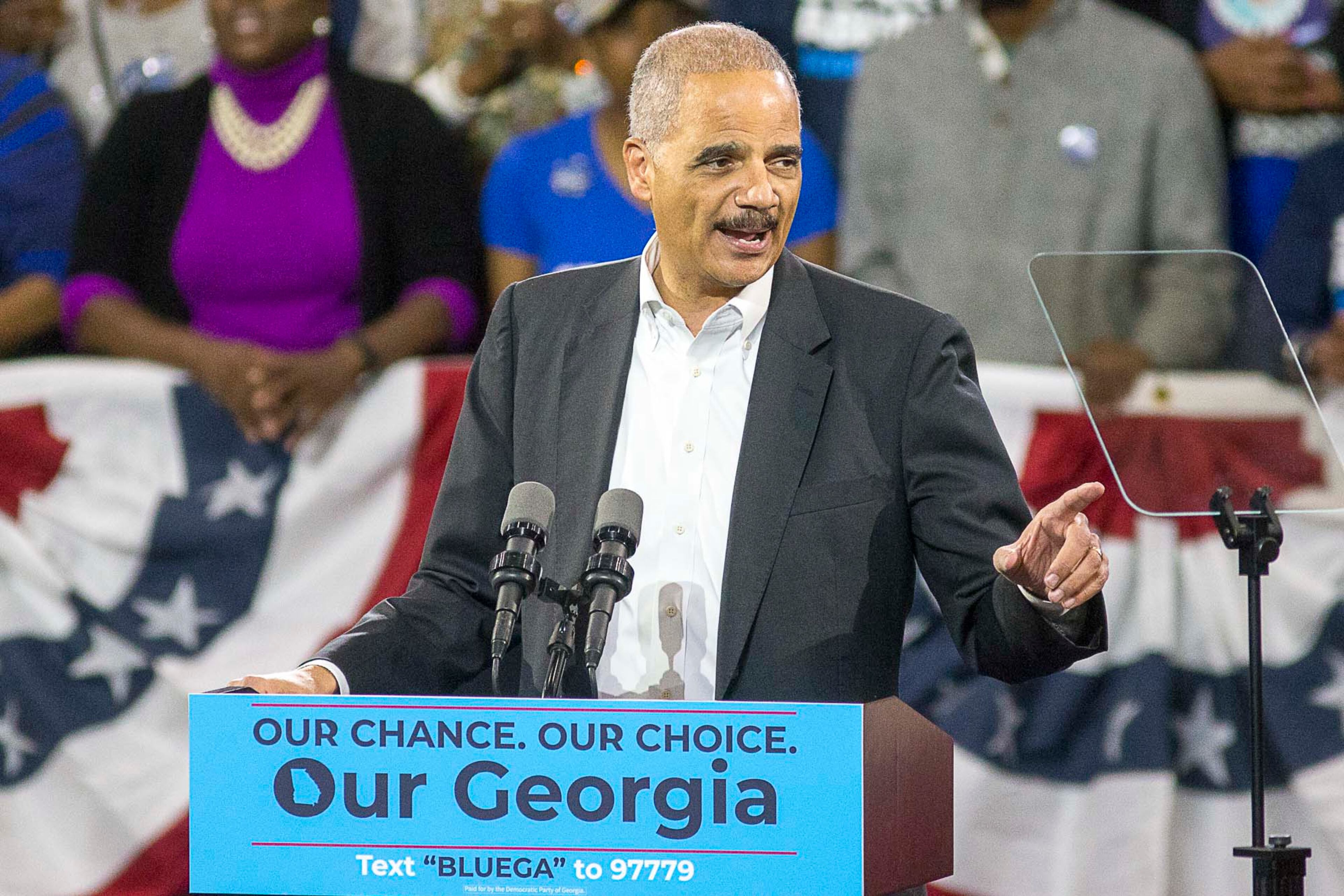 Former U.S. Attorney General Eric Holder speaks during a rally for gubernatorial candidate Stacey Abrams in Forbes Arena at Morehouse College, Friday, November 2, 2018. (ALYSSA POINTER/ALYSSA.POINTER@AJC.COM)