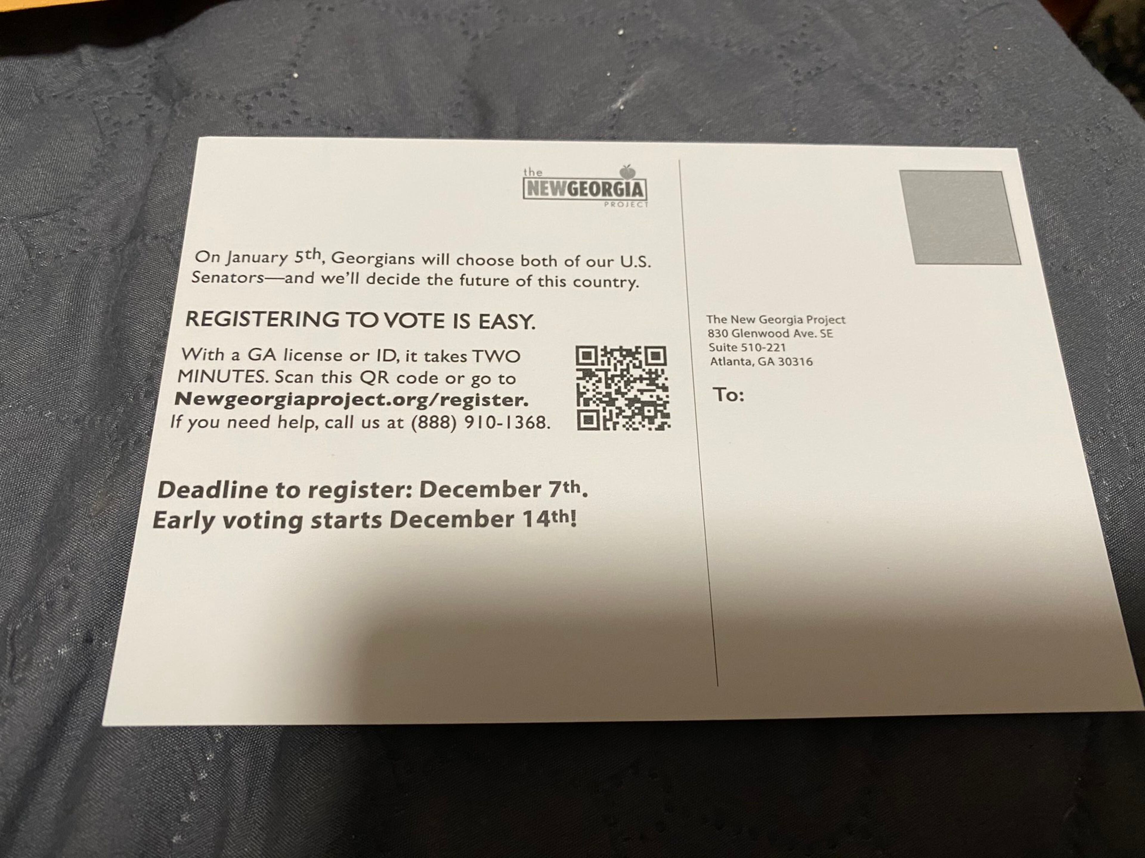 A New York woman wrote on Twitter that she received postcards from The New Georgia Project telling people how to register to vote. The New Georgia Project said the postcards were intended reach potential eligible Georgia voters. Photo via Twitter.