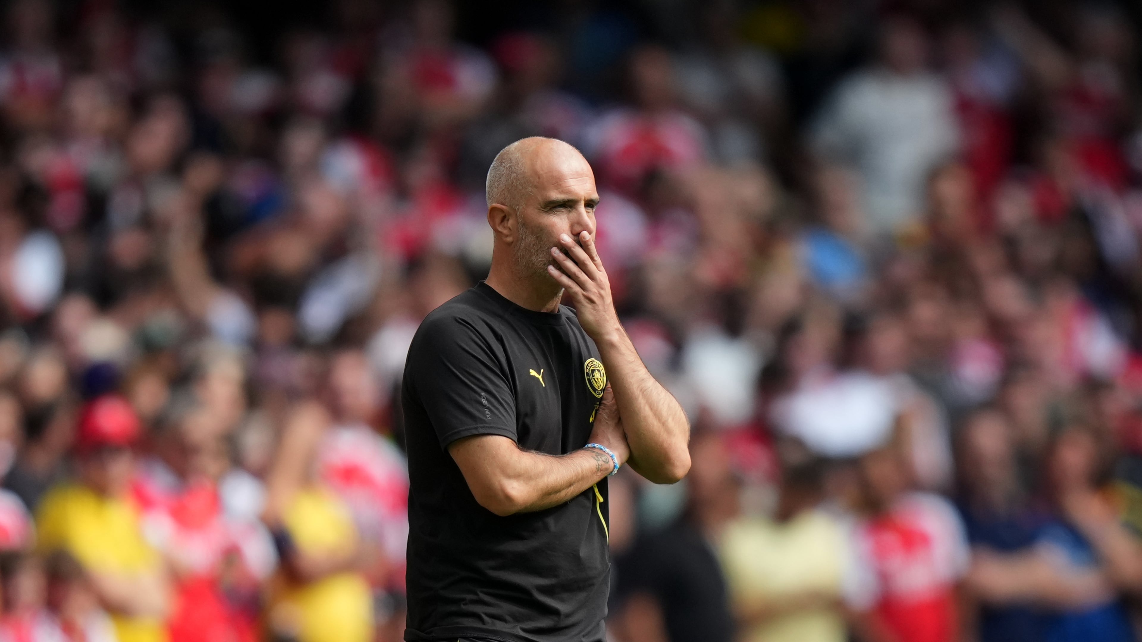 Manchester City's head coach Enzo Maresca reacts during the FA Community Shield final soccer match between Arsenal and Manchester City in Cardiff, Wales, Sunday, Aug.16, 2026. (AP Photo/Alastair Grant)