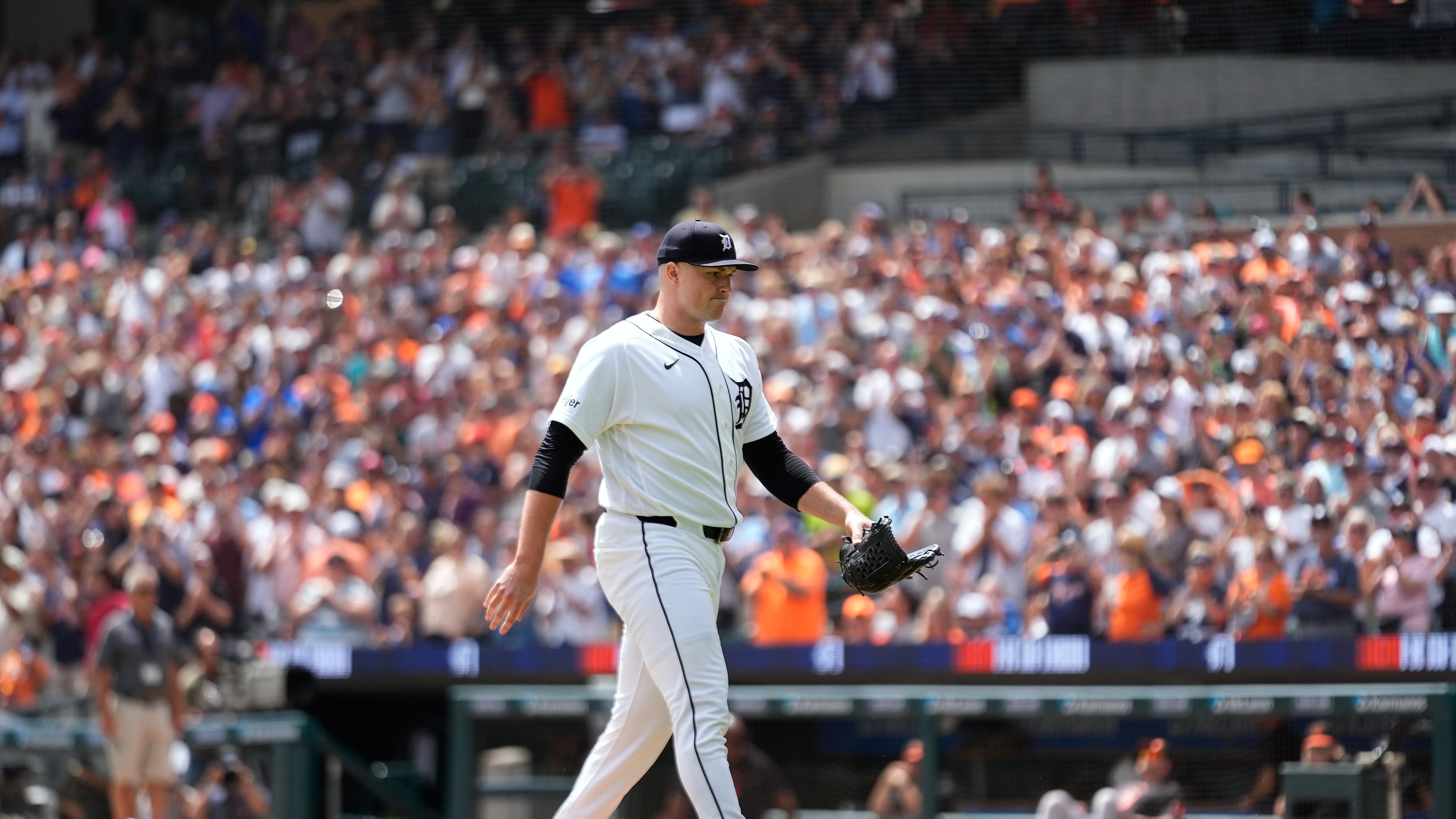 Detroit Tigers pitcher Tarik Skubal walks to the dugout during the seventh inning of a baseball game against the Baltimore Orioles Wednesday, July 29, 2026, in Detroit. (AP Photo/Paul Sancya)