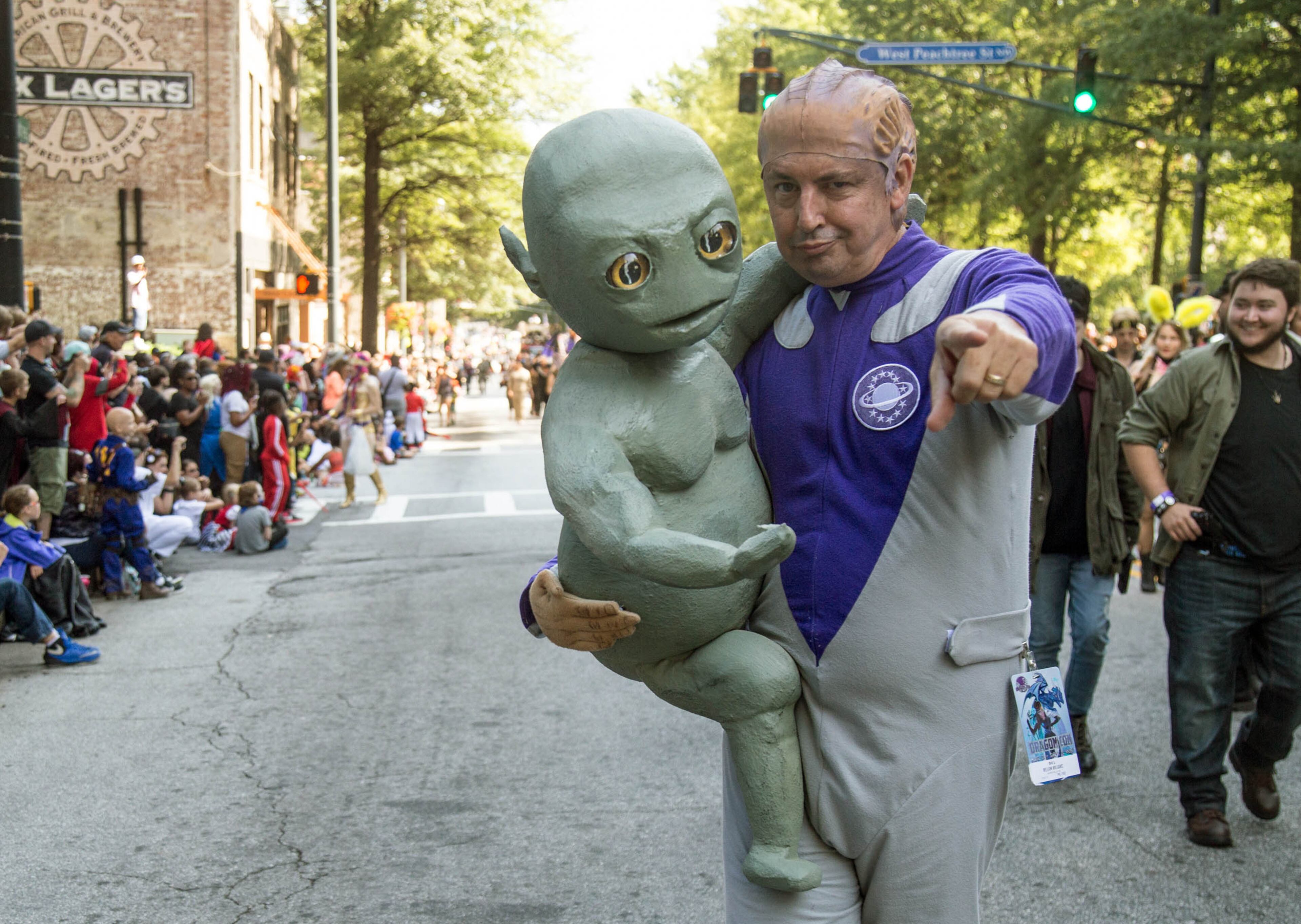 Bill Williams in the costume of Dr. Lazarus heads up Peachtree Street while participating in the Dragon Con parade In Atlanta GA, Saturday, September 2, 2017. STEVE SCHAEFER / SPECIAL TO THE AJC
