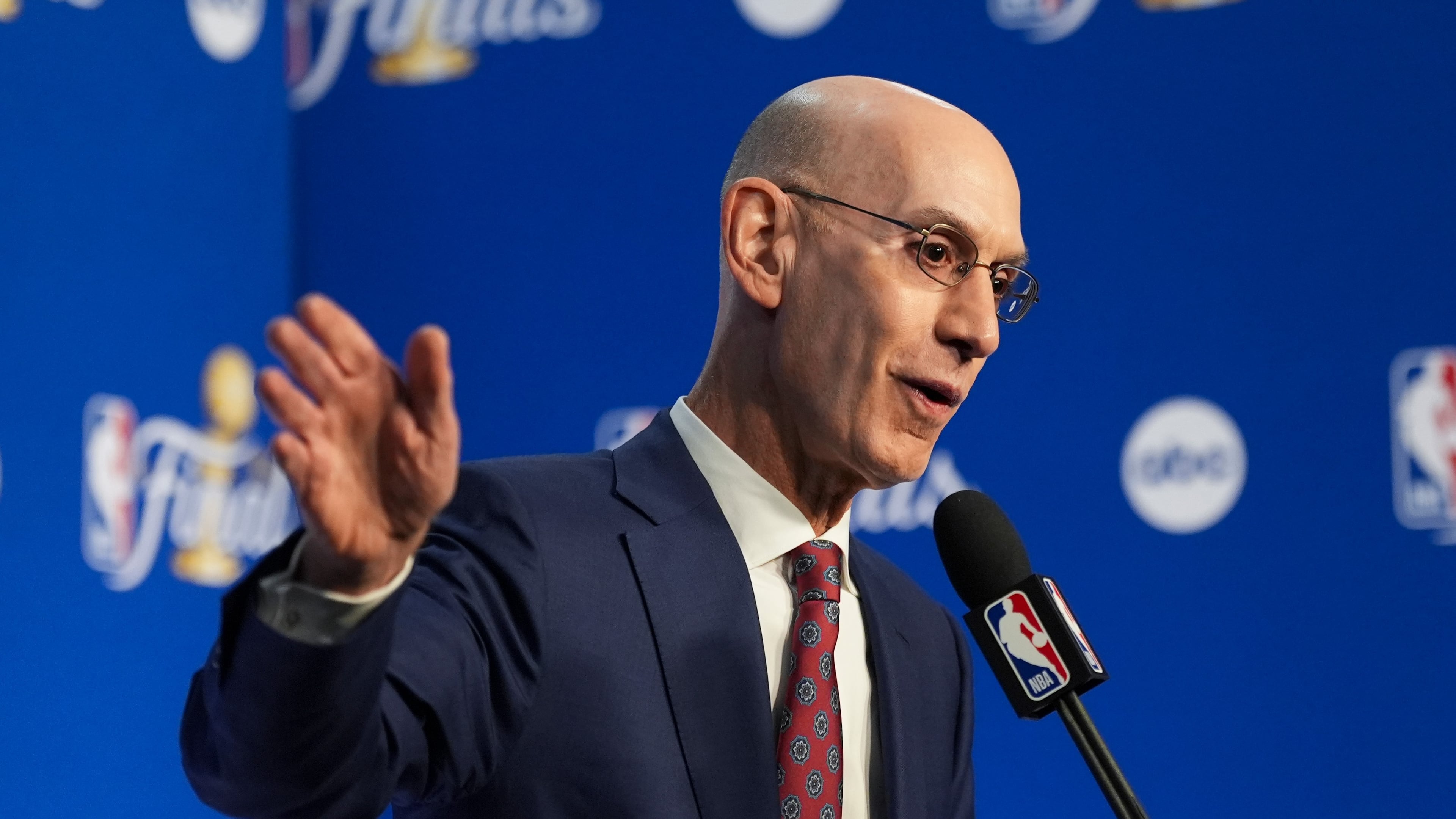 NBA Commissioner Adam Silver speaks prior to Game 1 of the NBA Finals basketball series between the New York Knicks and the San Antonio Spurs, Wednesday, June 3, 2026, in San Antonio. (AP Photo/Eric Gay)
