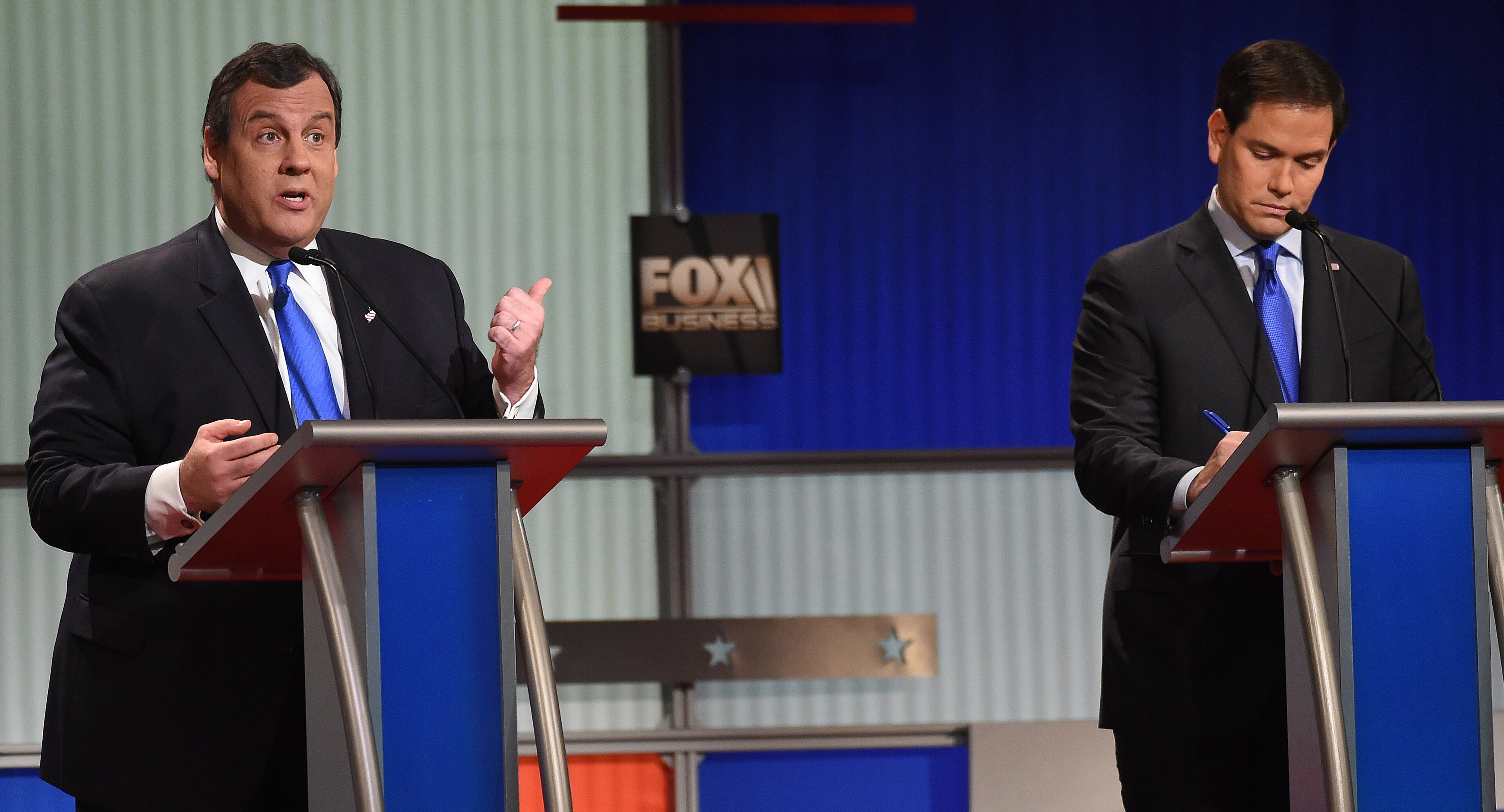 Republican presidential candidate, New Jersey Gov. Chris Christie speaks about Republican presidential candidate, Sen. Marco Rubio, R-Fla., during the Fox Business Network Republican presidential debate at the North Charleston Coliseum, Thursday, Jan. 14, 2016, in North Charleston, S.C. (AP Photo/Rainier Ehrhardt)