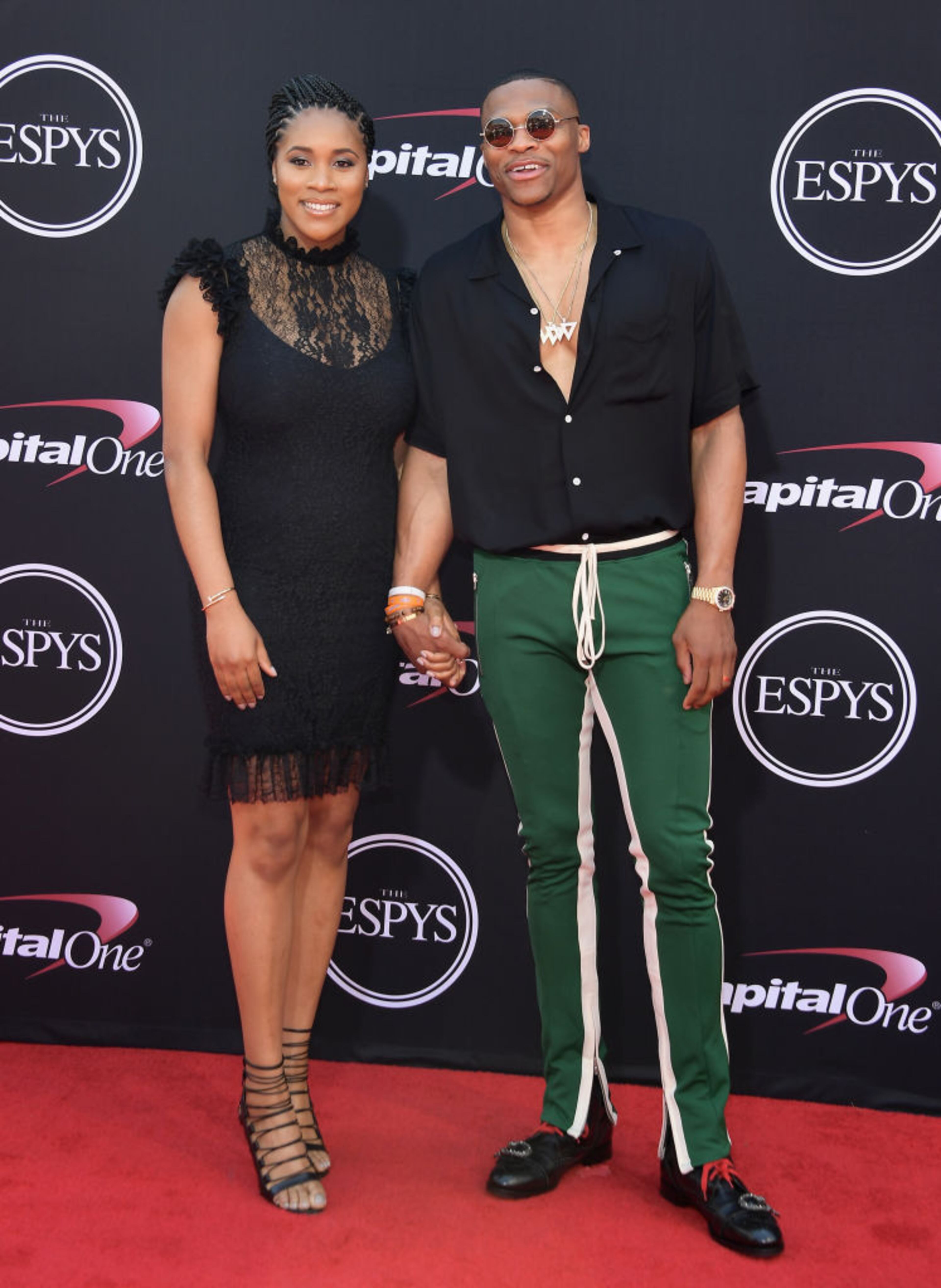 LOS ANGELES, CA - JULY 12: NBA player Russell Westbrook (R) and Nina Earl attend The 2017 ESPYS at Microsoft Theater on July 12, 2017 in Los Angeles, California. (Photo by Matt Winkelmeyer/Getty Images)
