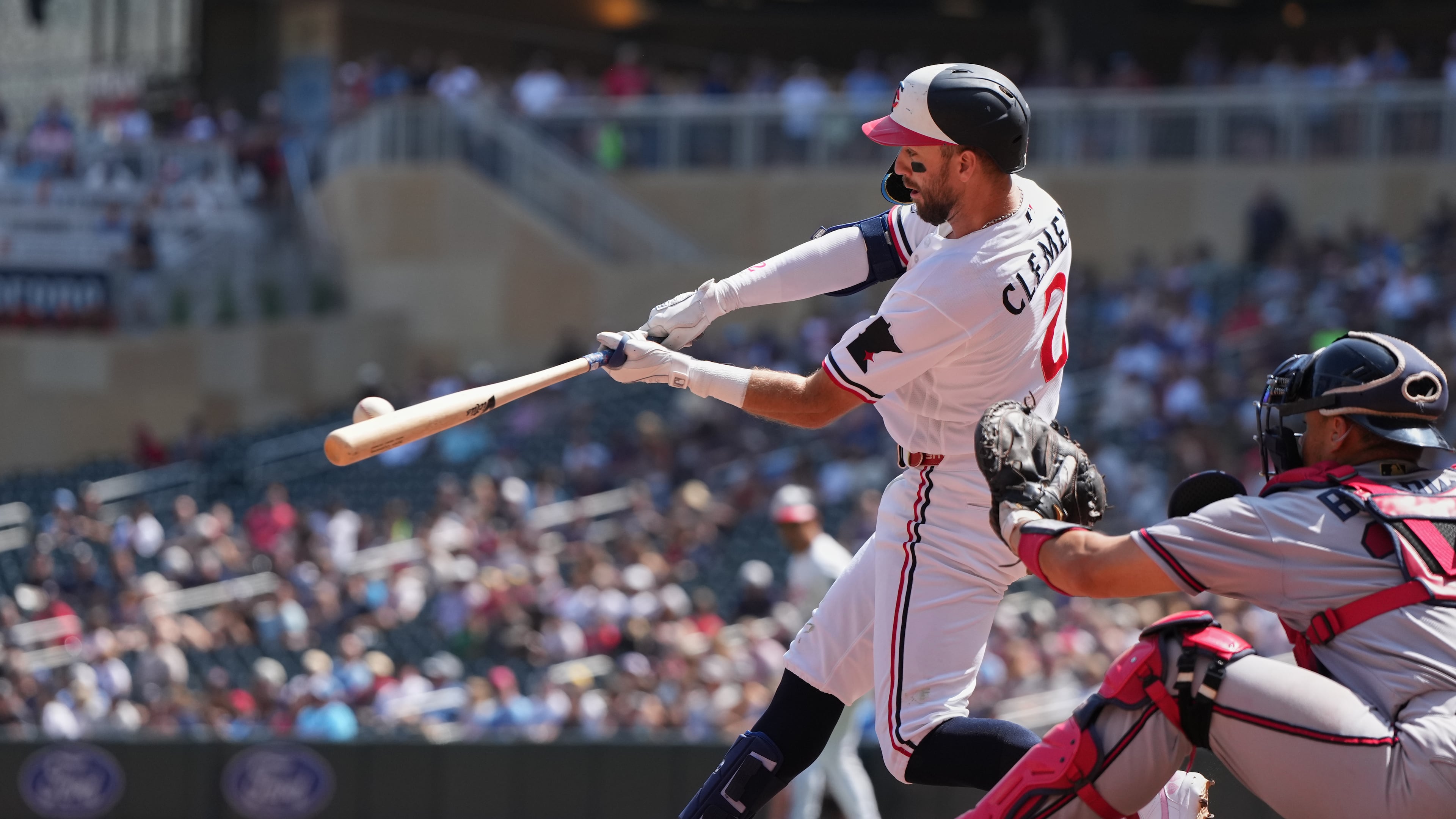 Minnesota Twins Kody Clemens hits a two-run double during the fifth inning of a baseball game against the Atlanta Braves, Wednesday, Aug. 19, 2026, in Minneapolis. (AP Photo/Abbie Parr)