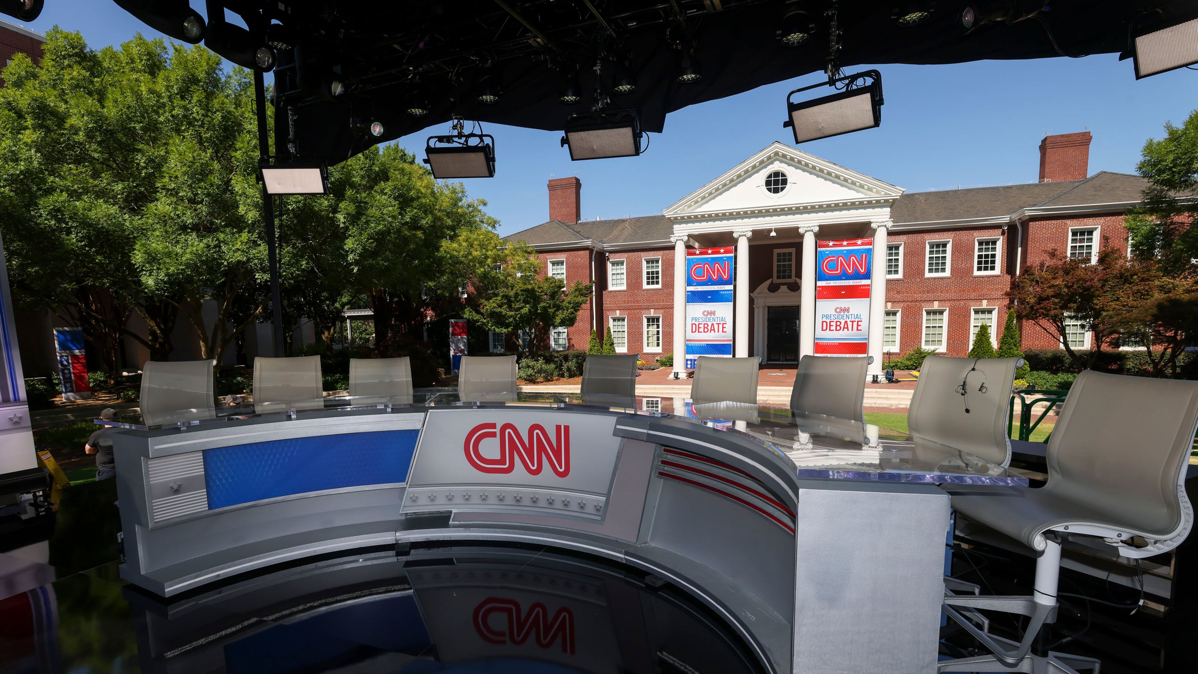 The CNN Presidential Debate "game day" stage is shown at the CNN-Techwood campus, Wednesday, June 26, 2024, in Atlanta. (Jason Getz/AJC)