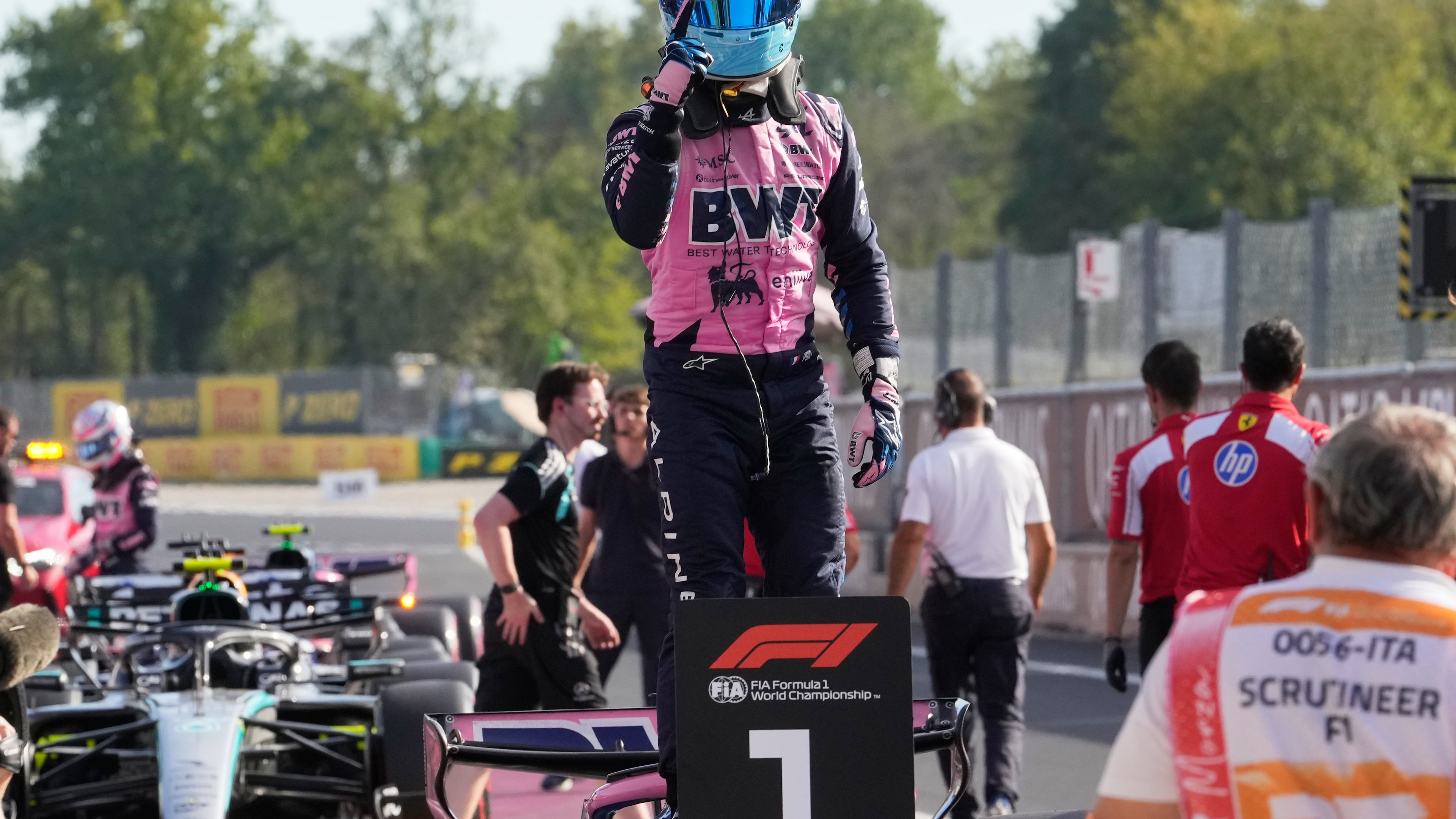Alpine driver Pierre Gasly of France celebrates his pole position after the qualifying session ahead of the Italian Formula One Grand Prix, in Monza, Italy, Saturday, Sept. 5, 2026. (AP Photo/Luca Bruno)