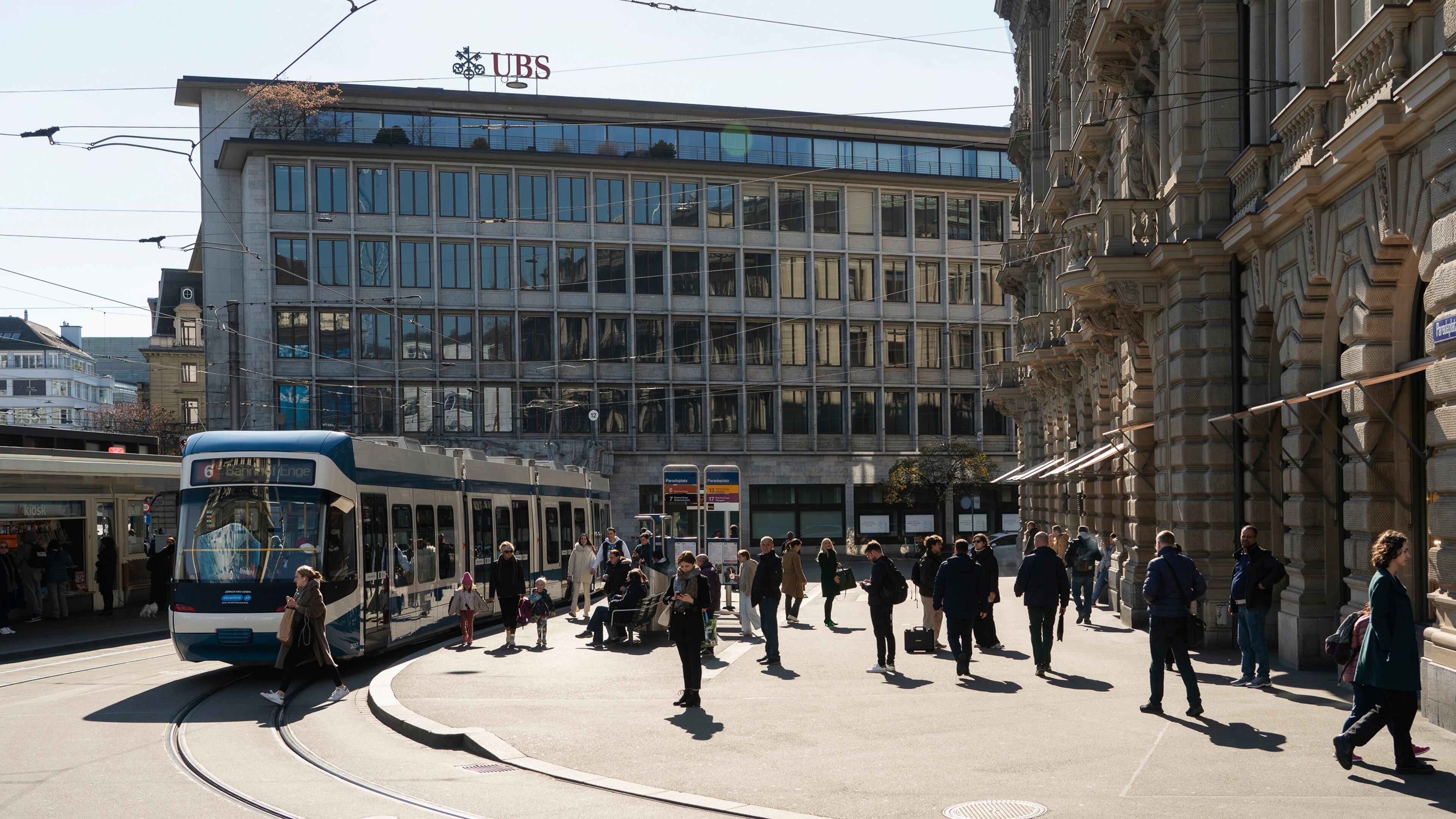 FILE — The UBS bank and Credit Suisse bank buildings in downtown Zurich, Switzerland, on April 4, 2023. The International Monetary Fund's warning follows weeks of turmoil in the global banking sector, which included UBS’s takeover of Credit Suisse. (Marvin Zilm/The New York Times)