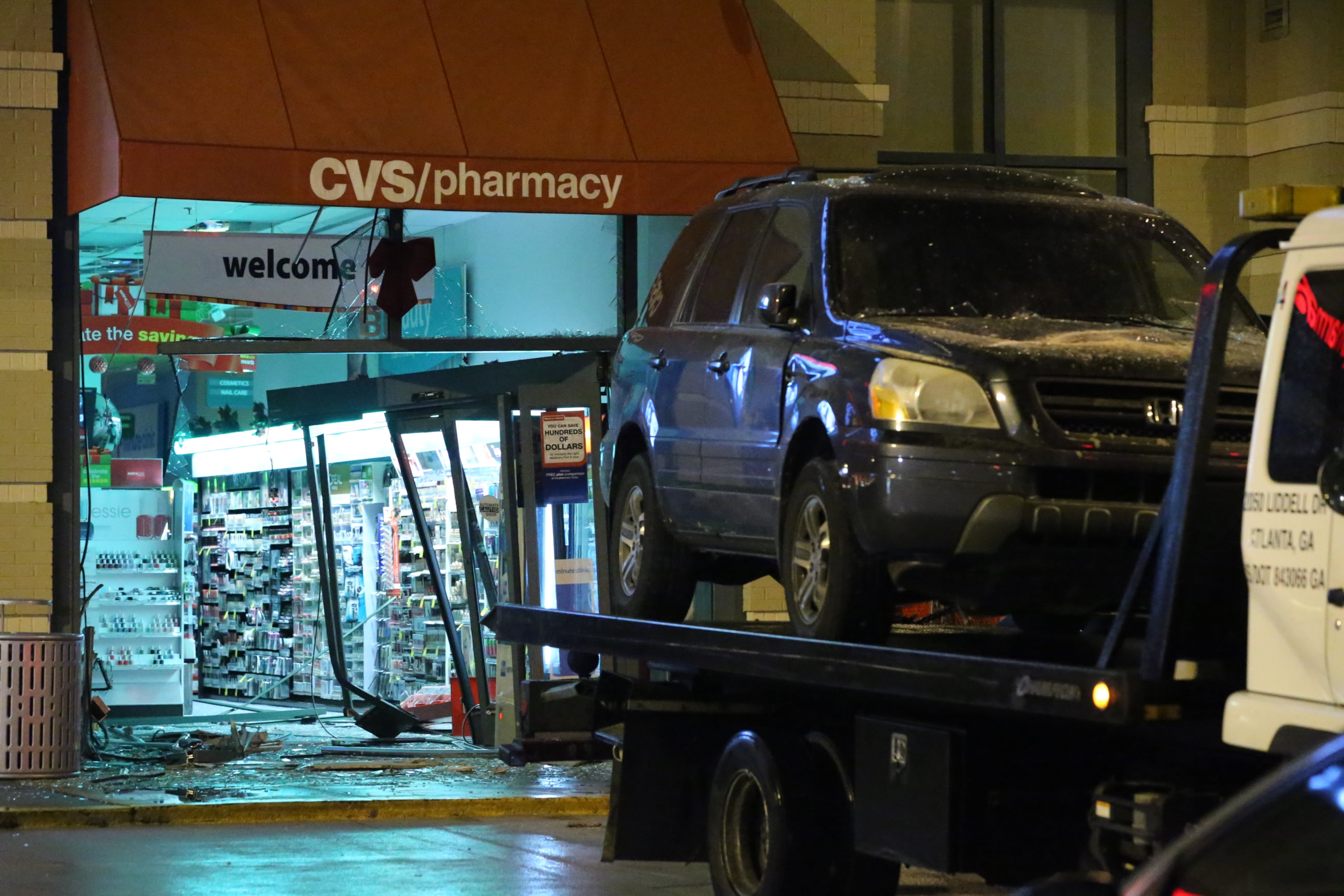 Would-be ATM thieves crashed a sport utility vehicle through the front doors of a Buckhead pharmacy before daybreak Wednesday. The incident happened about 4 a.m. at the CVS store in the 3600 block of Peachtree Road.