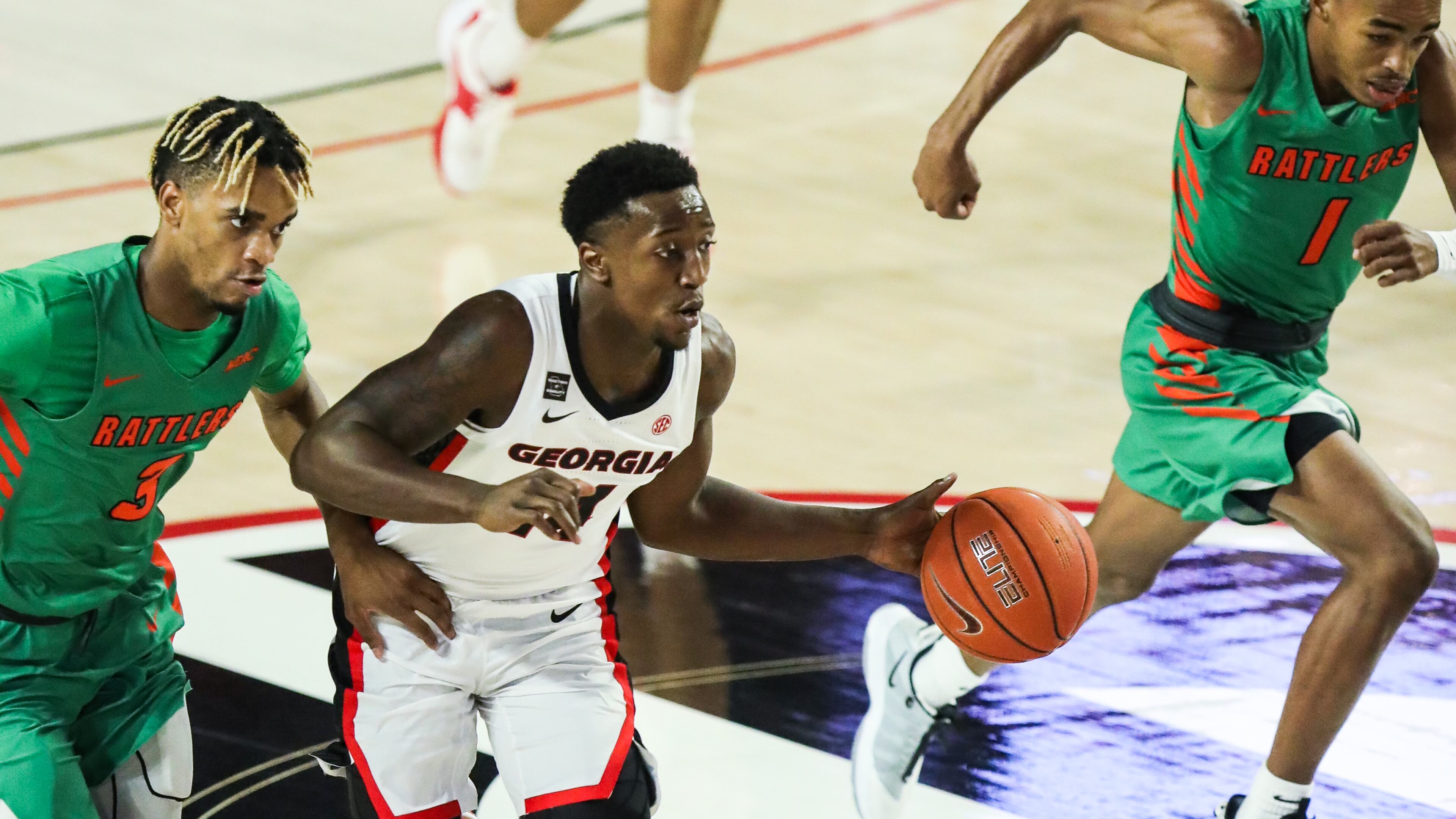 Georgia basketball player Tye Fagan (14) during the Bulldogs’ home opener against Florida A&M in Athens, Ga., at Stegeman Coliseum on Sun., Nov. 29, 2020. (Photo by Chamberlain Smith)