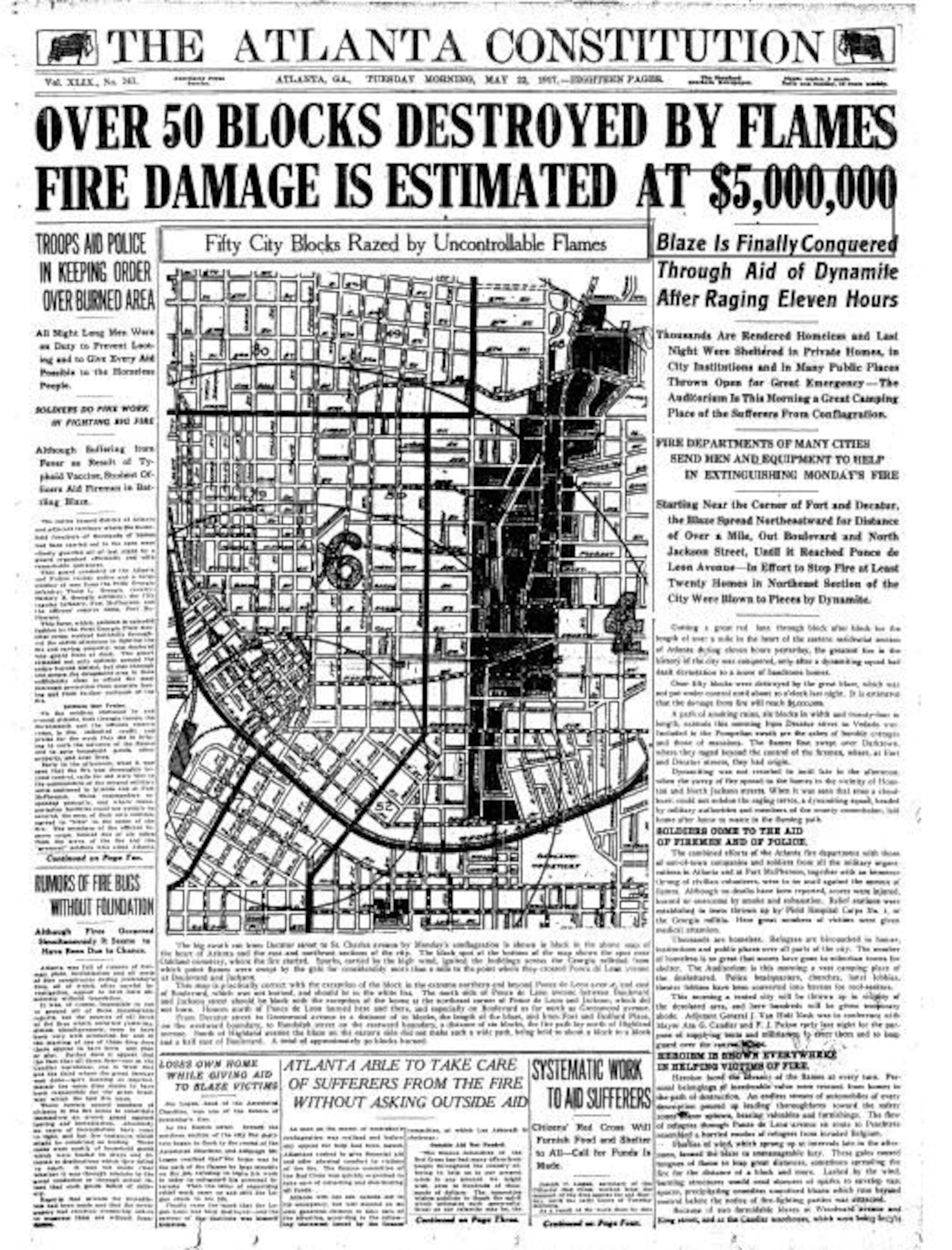 The Great Atlanta Fire of 1917 caused more than 50 city blocks to be destroyed by uncontrollable flames.