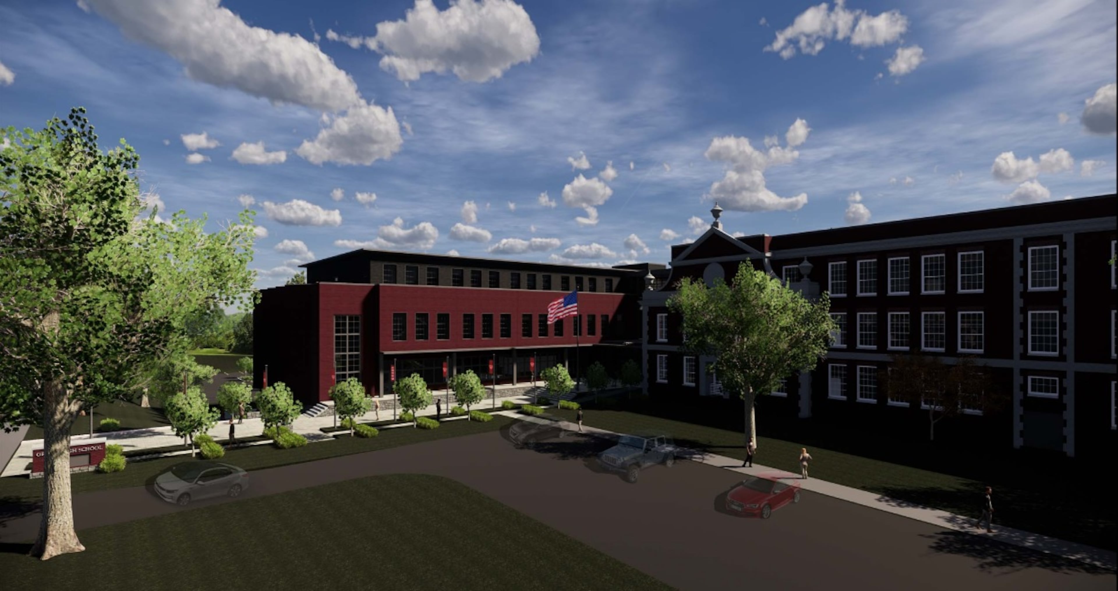A preliminary rendering dated May 24, 2019, of the Grady High School addition and renovation project, as shown from the south side. Rendering by Cooper Carry, Inc.