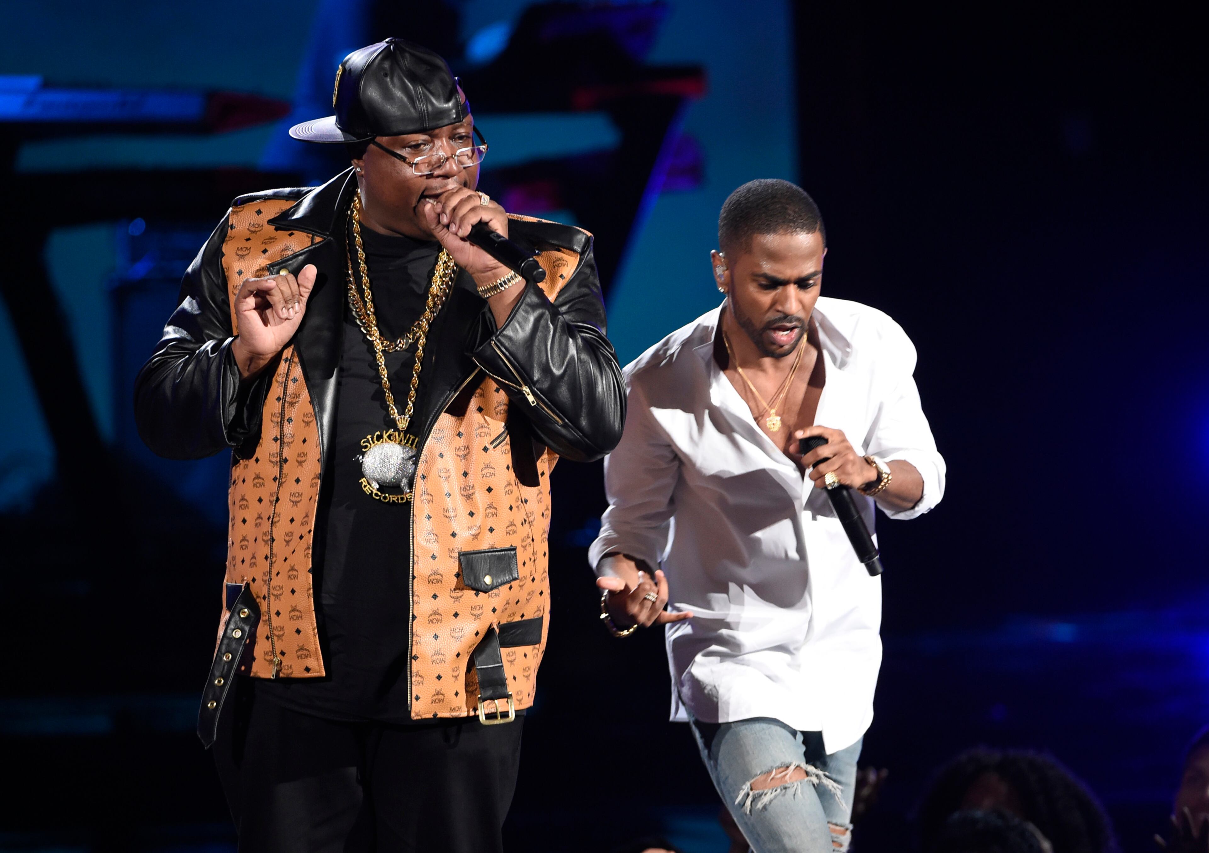 E-40, left, and Big Sean perform at the BET Awards at the Microsoft Theater on June 28, 2015, in Los Angeles.