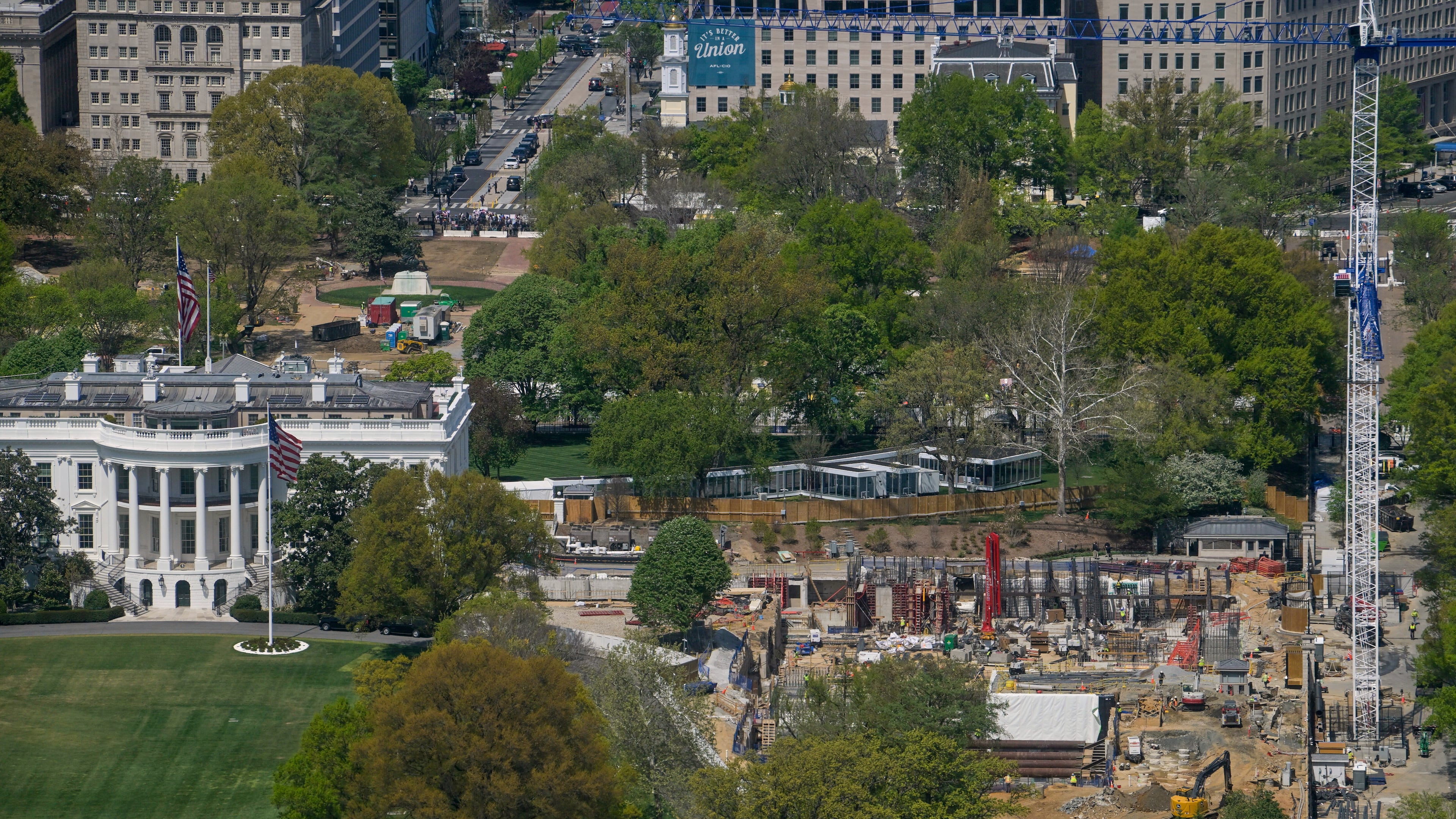 Work continues on the construction of the ballroom at the White House, Thursday, April 9, 2026, in Washington, where the East Wing once stood. (AP Photo/Rod Lamkey, Jr.)