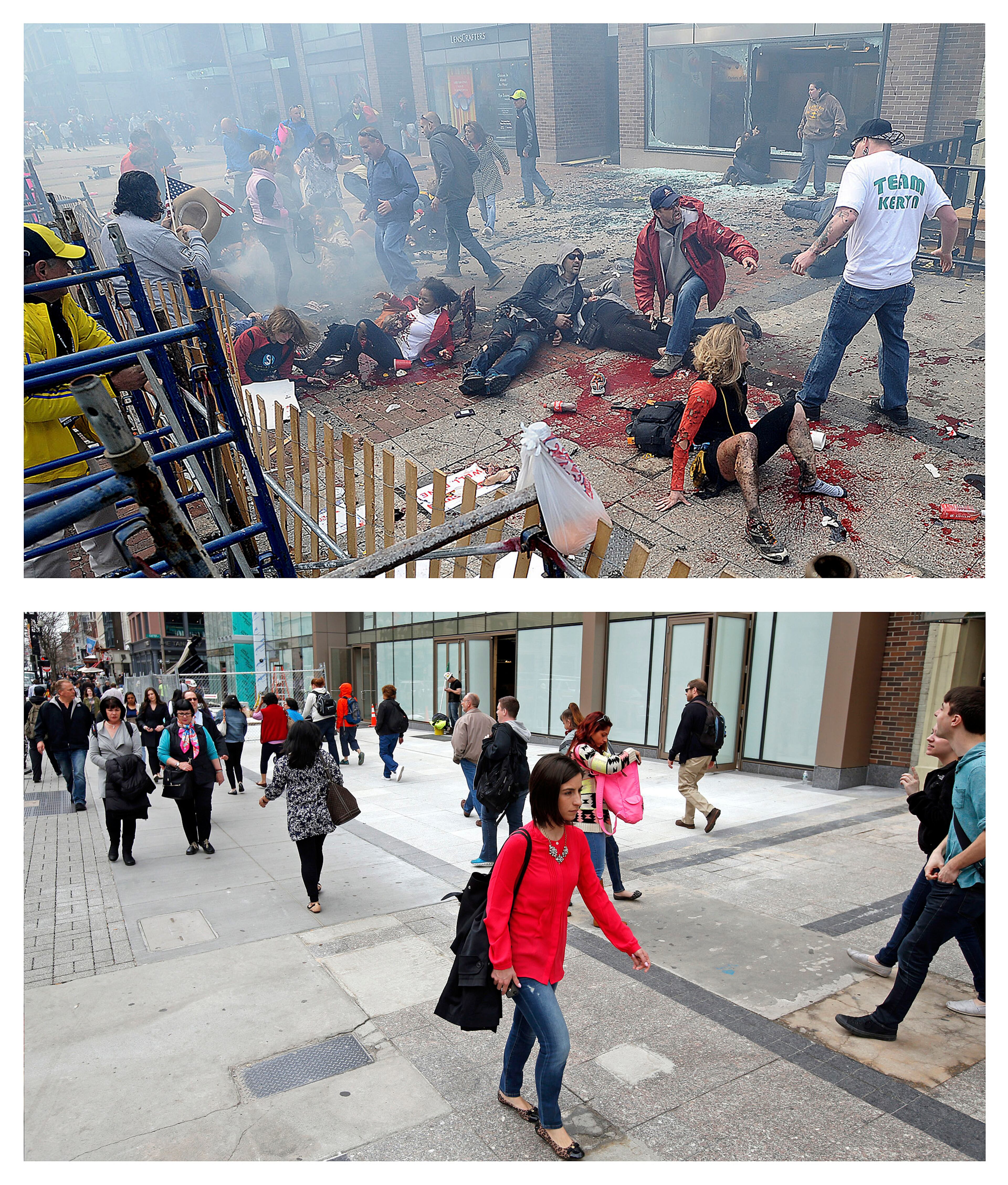 This combination of April 15, 2013 and April 10, 2014 photos show views of Boylston Street with people on the ground after the first of two bombs exploded near the finish line of the 2013 Boston Marathon, then pedestrians walking along the same sidewalk almost a year later in Boston. (AP Photo/MetroWest Daily News, Ken McGagh; and Elise Amendola) MANDATORY CREDIT.