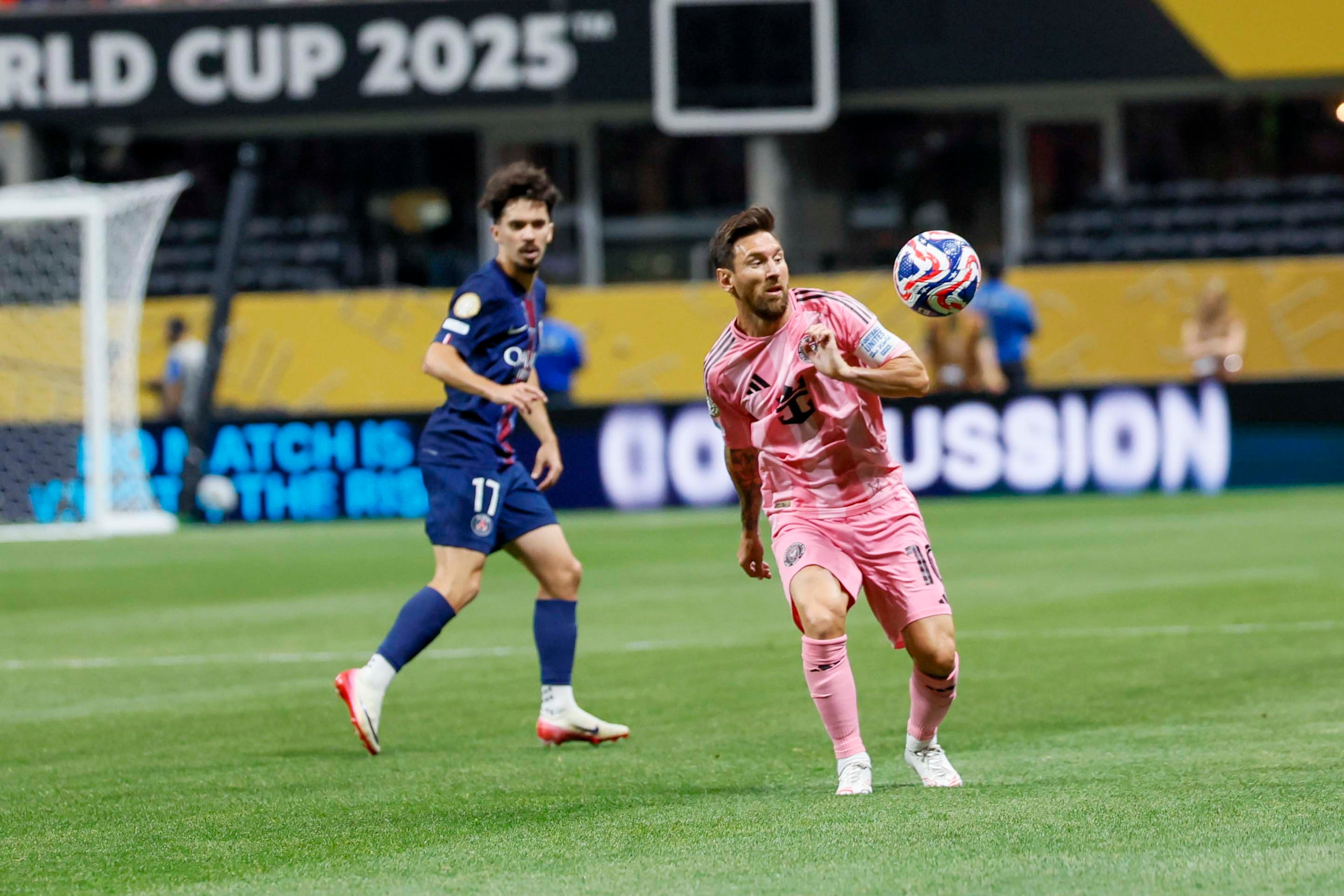 Inter Miami forward Lionel Messi (10) tries to control the ball during the Club World Cup round of 16 soccer match between Paris Saint-Germain FC and Inter Miami in Atlanta, Georgia, on Sunday, June 29, 2025.
(Miguel Martinez/ AJC)