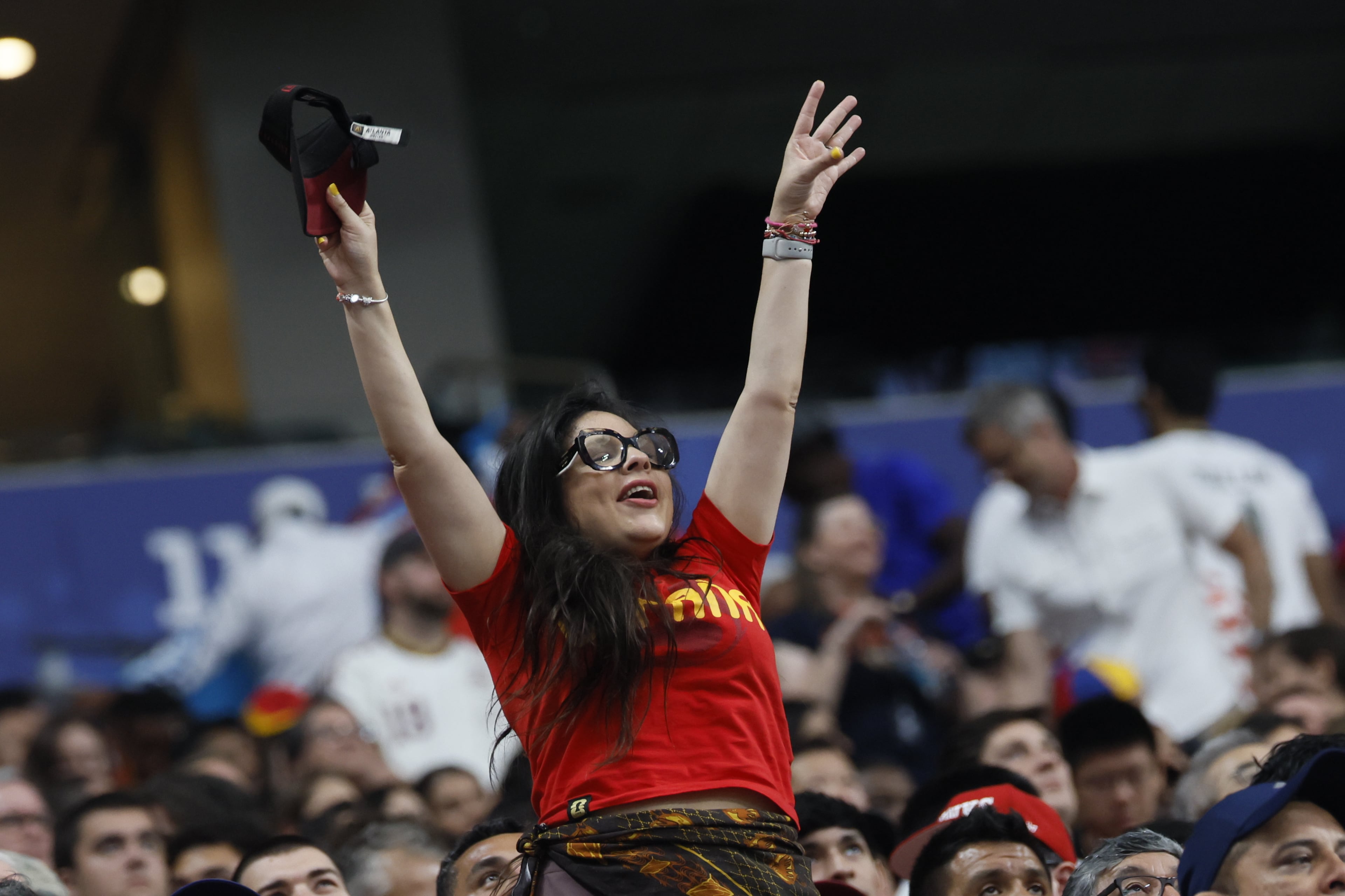 Spain fans celebrate during the second half of the Spain vs. Saudi Arabia World Cup match Sunday, June 21, 2026, at Atlanta Stadium. (Miguel Martinez/AJC)