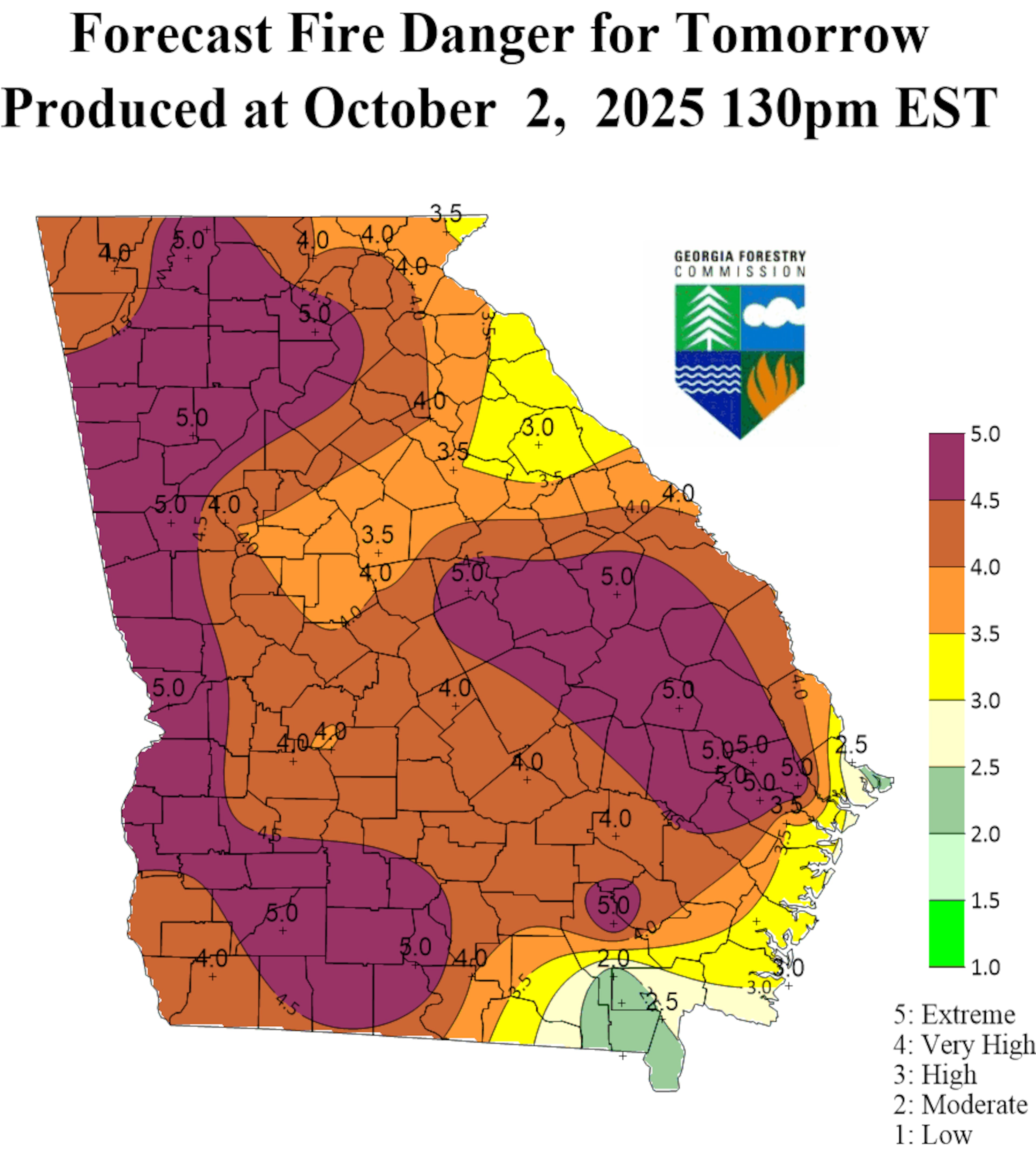 The map shows regions under various fire threat levels, ranging from extreme to moderate, for Oct. 3, 2025. The map was produced the previous day by the Georgia Forestry Commission.