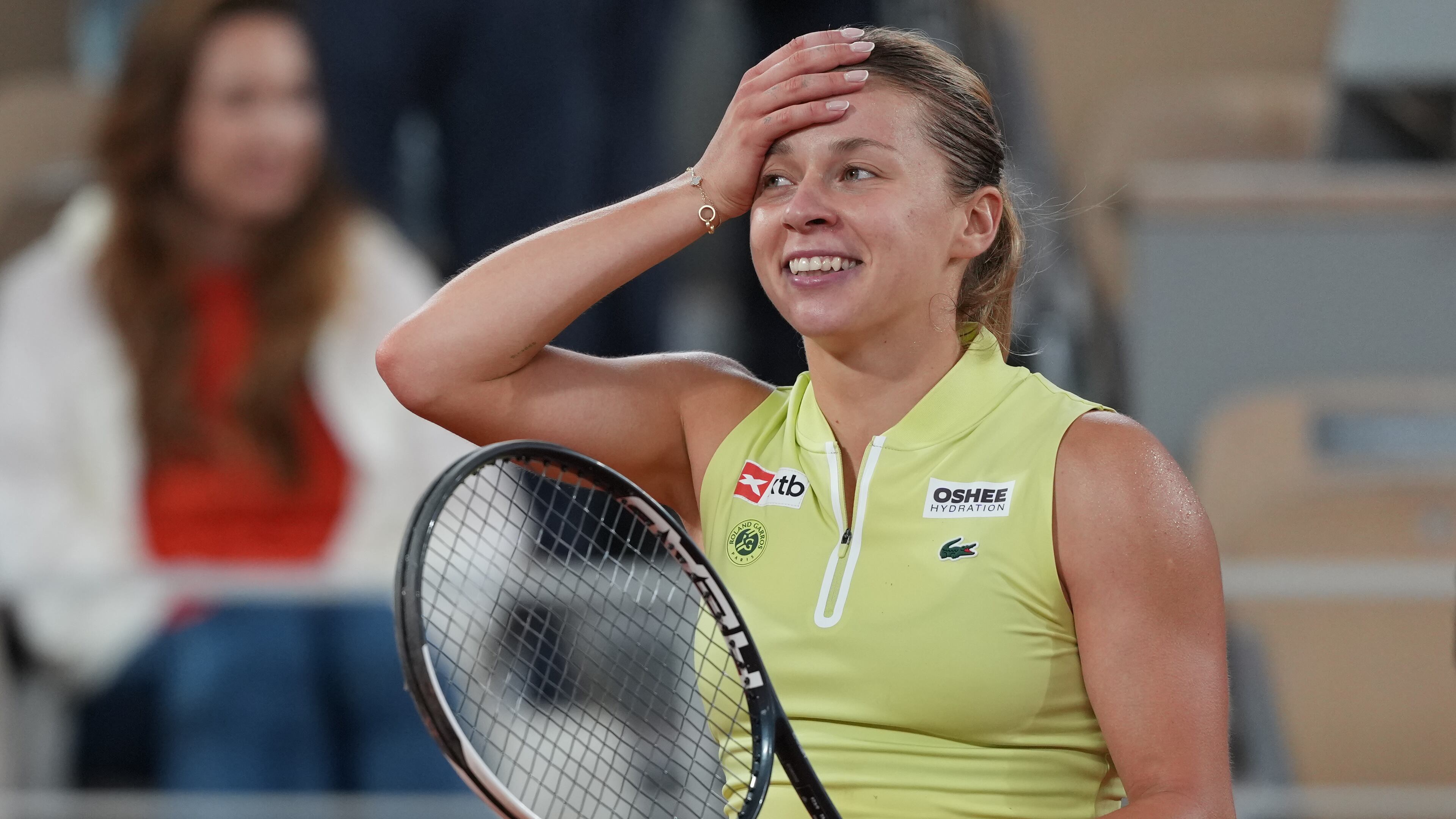 Poland's Maja Chwalinska react after winning during the semifinal tennis match against Russia's Diana Shnaider at the French Open in Paris, Thursday, June 4, 2026. (AP Photo/Thibault Camus)