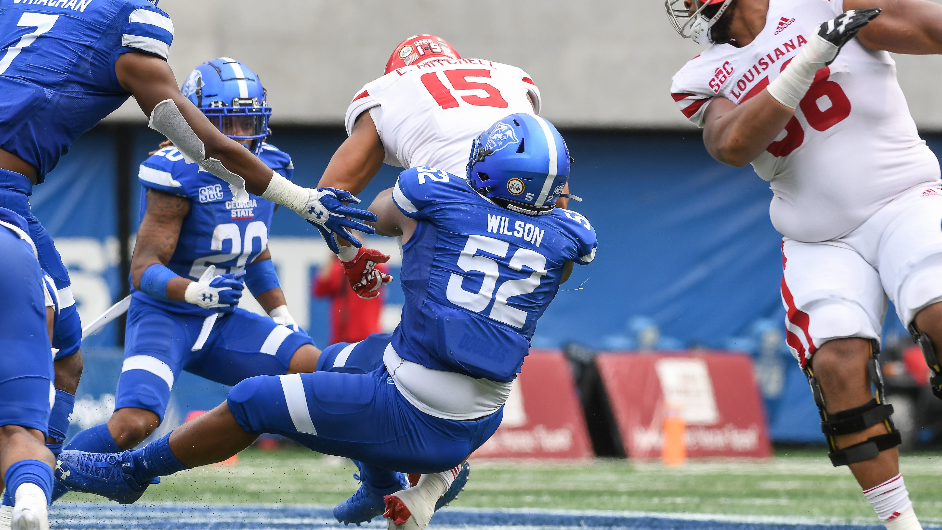 Dontae Wilson, here making a tackle in the 2020 opener against Louisiana-Lafayette, is expected to anchor the middle of the run defense in 2021. (Todd Drexler)