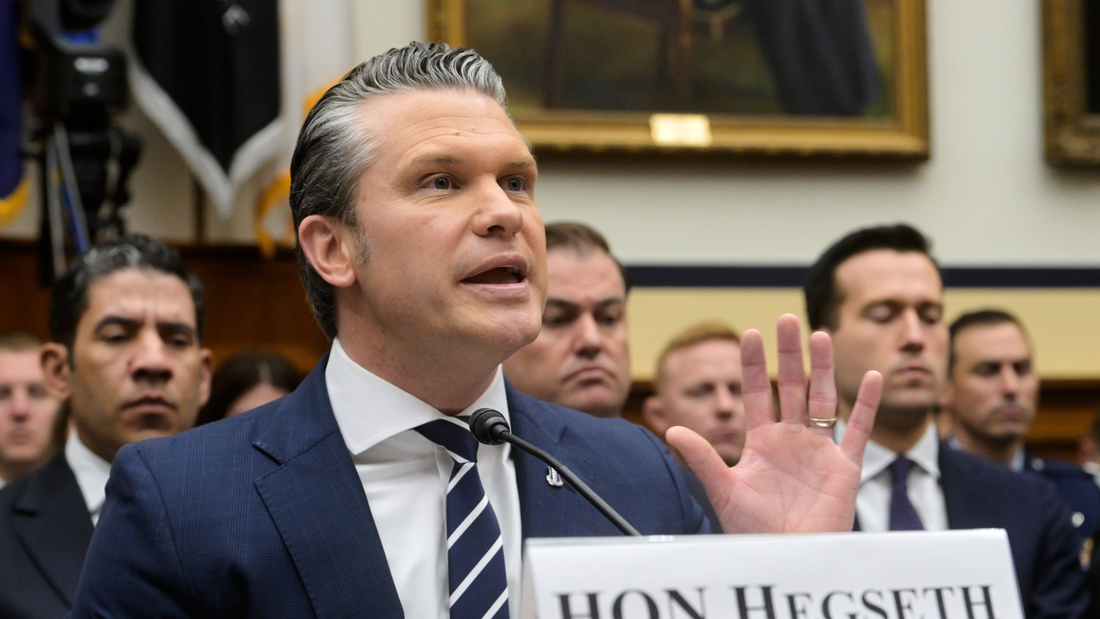 Secretary of Defense Pete Hegseth appears before a House Committee on Armed Services business meeting on the Department of Defense Fiscal Year 2027 on Capitol Hill, Wednesday, April 29, 2026, in Washington. (AP Photo/Rod Lamkey Jr.)