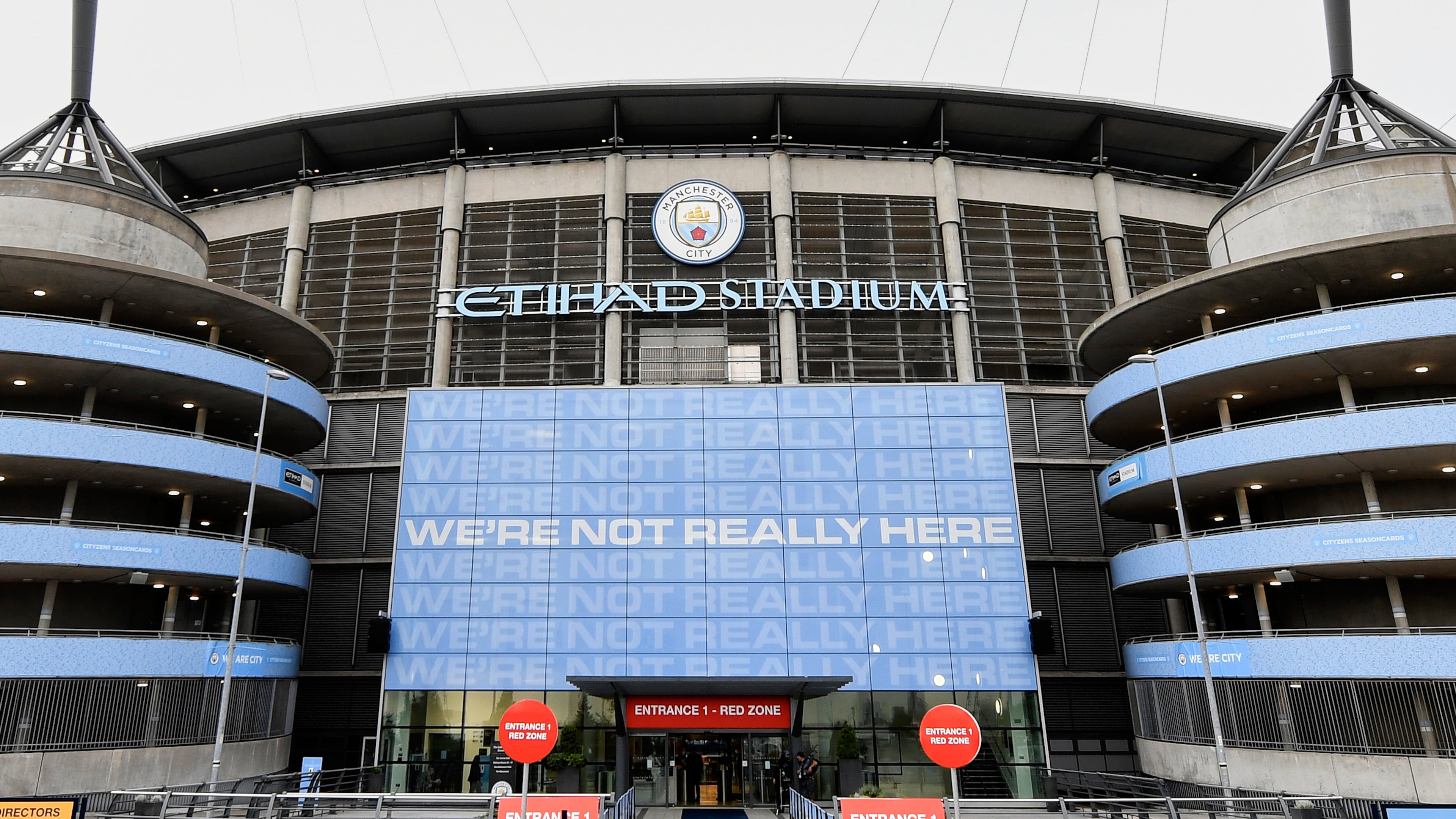FILE - A exterior shot of the stadium before the English Premier League soccer match between Manchester City and Arsenal at the Etihad Stadium in Manchester, England, Wednesday, June 17, 2020. (Peter Powell/Pool via AP, File)