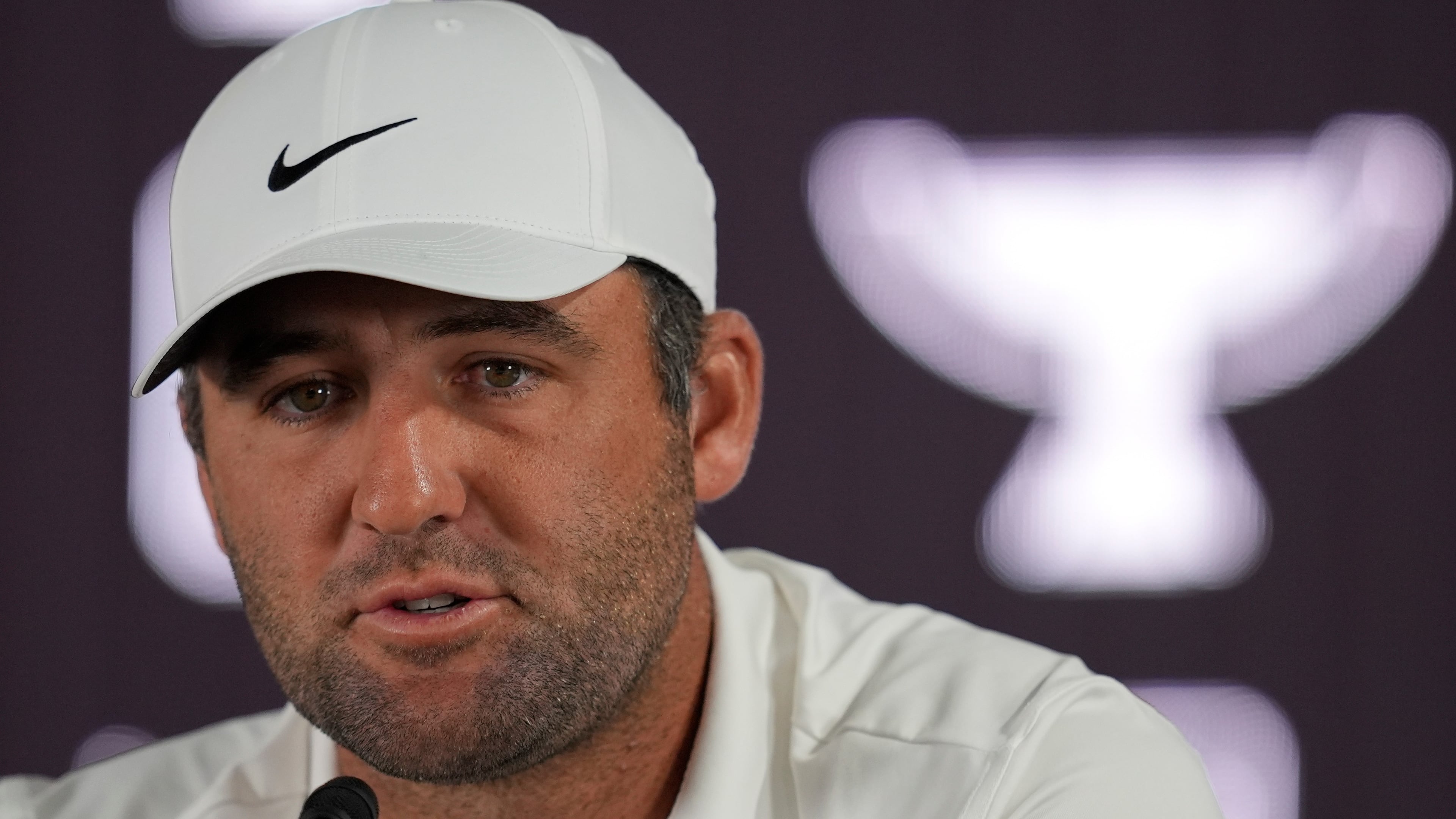 Scottie Scheffler speaks during a news conference at the Tour Championship golf tournament, Wednesday, Aug. 26, 2026, in Atlanta. (AP Photo/Mike Stewart)