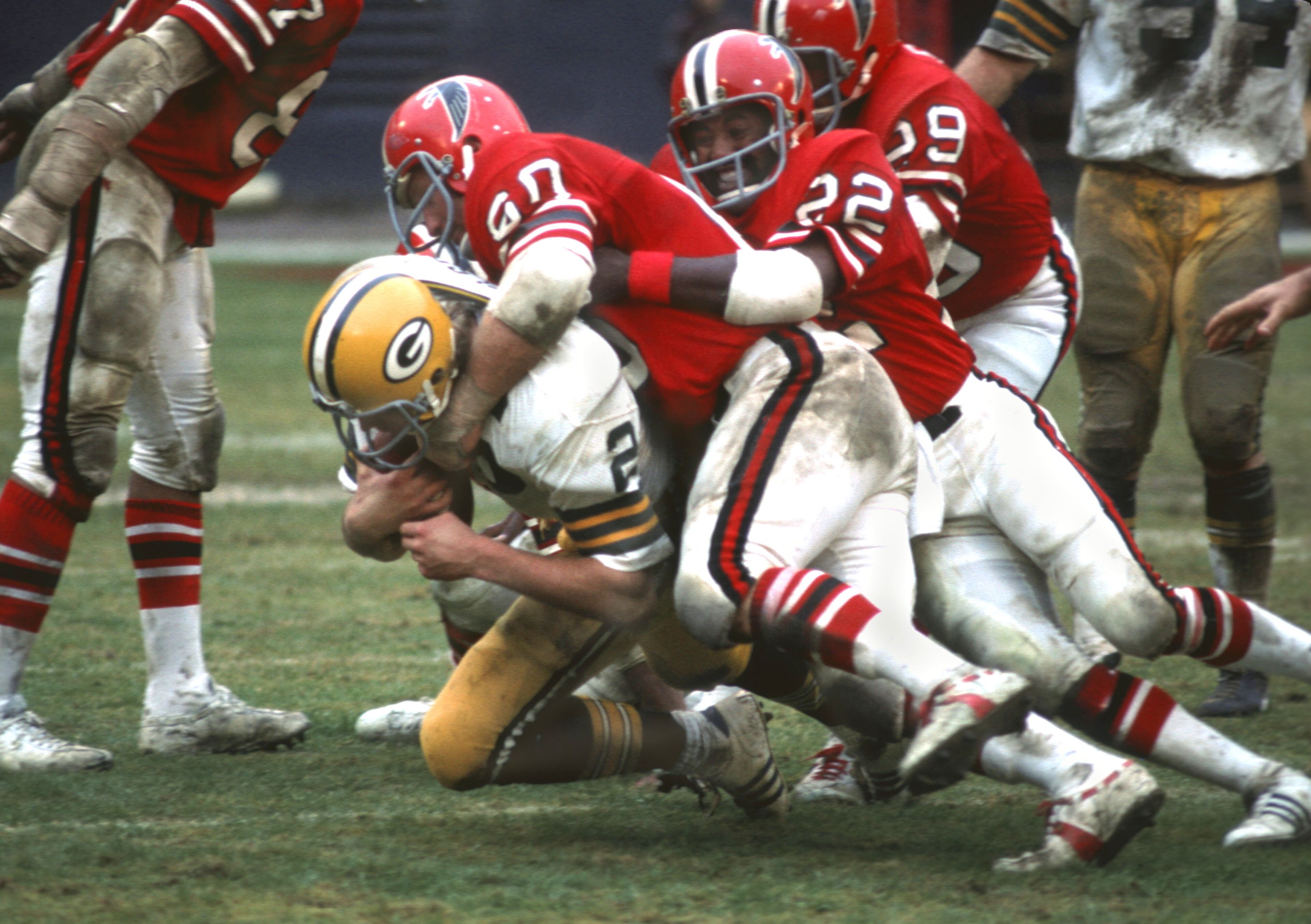 Falcons great Tommy Nobis in action against the Packers. Nobis played 11 seasons for the Falcons and was the team's first All-Pro, in his second season. He was NFL rookie of the year in 1966 and made the first of his five Pro Bowl appearances. Photo credit: Manny Rubio-USA TODAY Sports